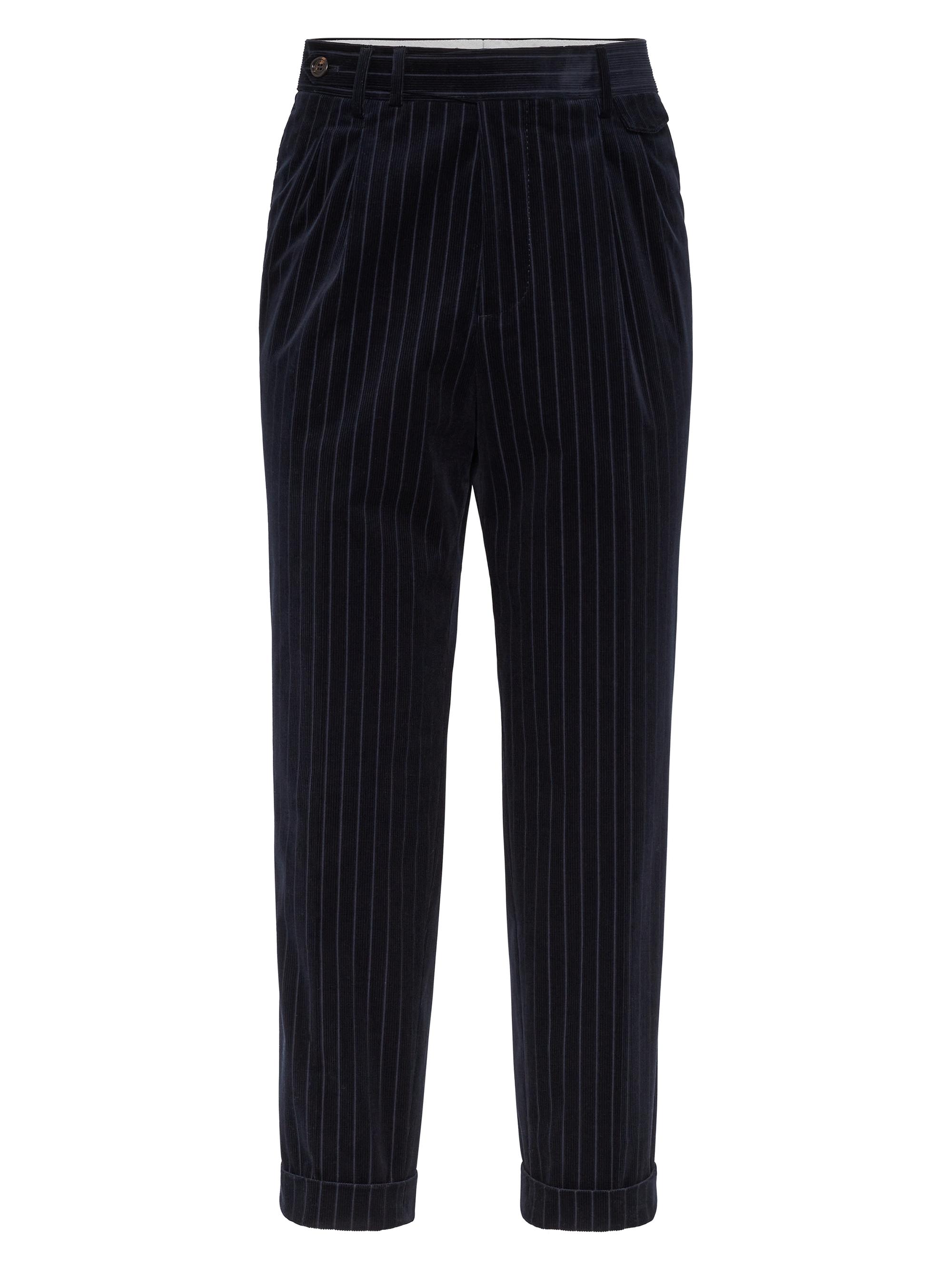 Brunello Cucinelli Men's Leisure Fit Trousers with Double Pleats - Navy Blue
