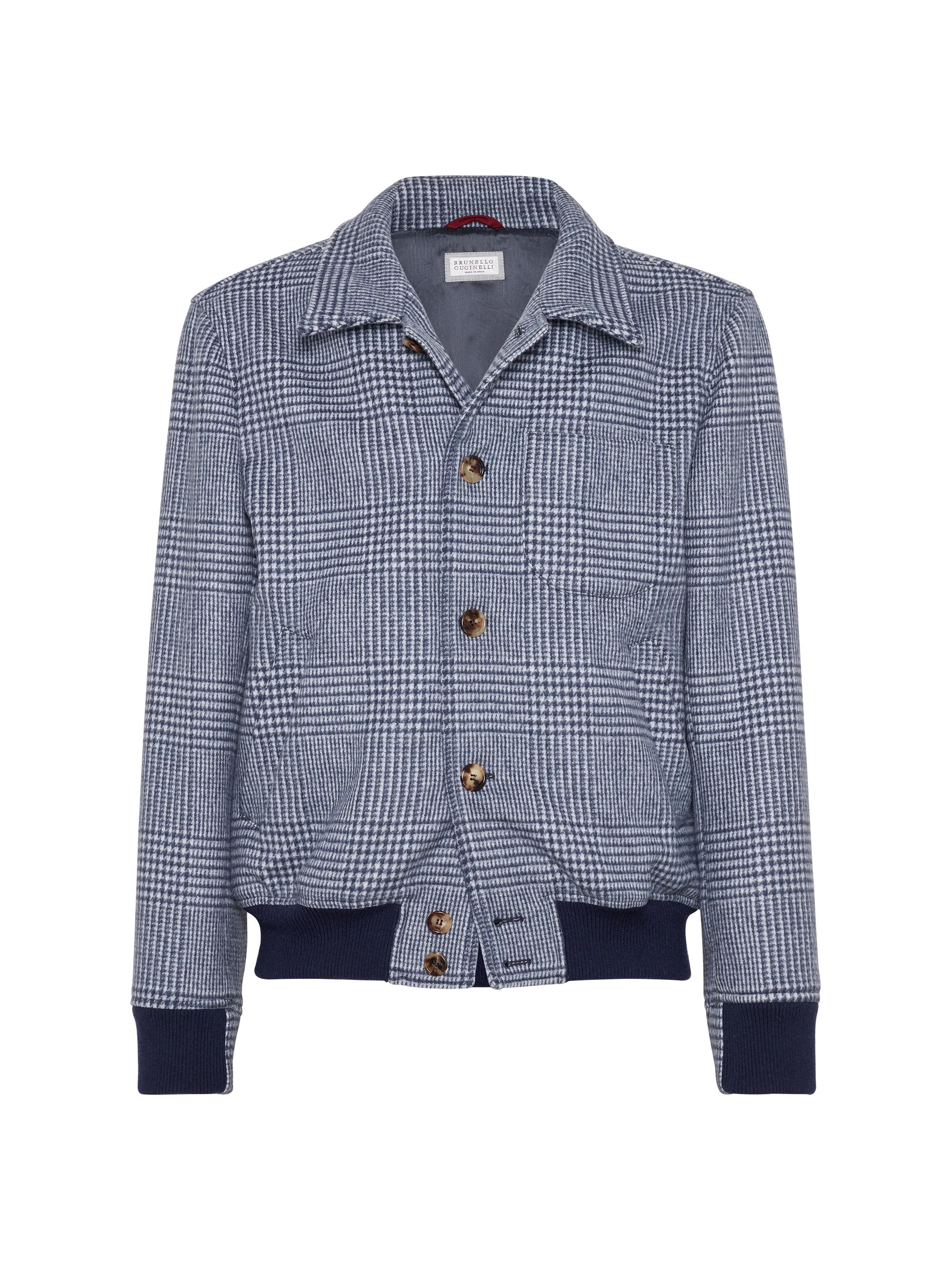 Brunello Cucinelli Men's Wool Prince of Wales Shirt Style Bomber Jacket - Indigo