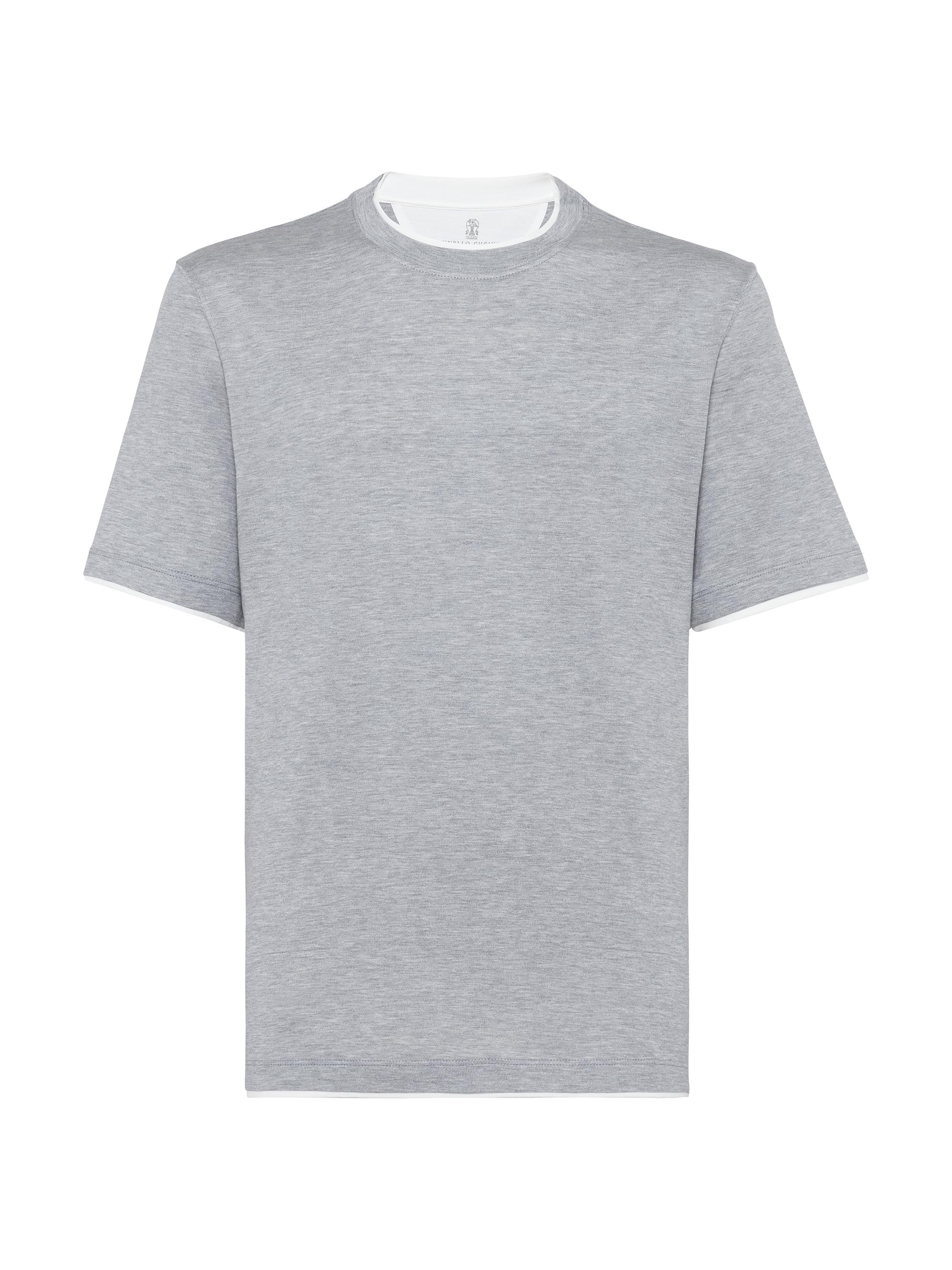 Brunello Cucinelli Men's Lightweight Jersey Crewneck T-Shirt with Faux Layering - Medium Grey