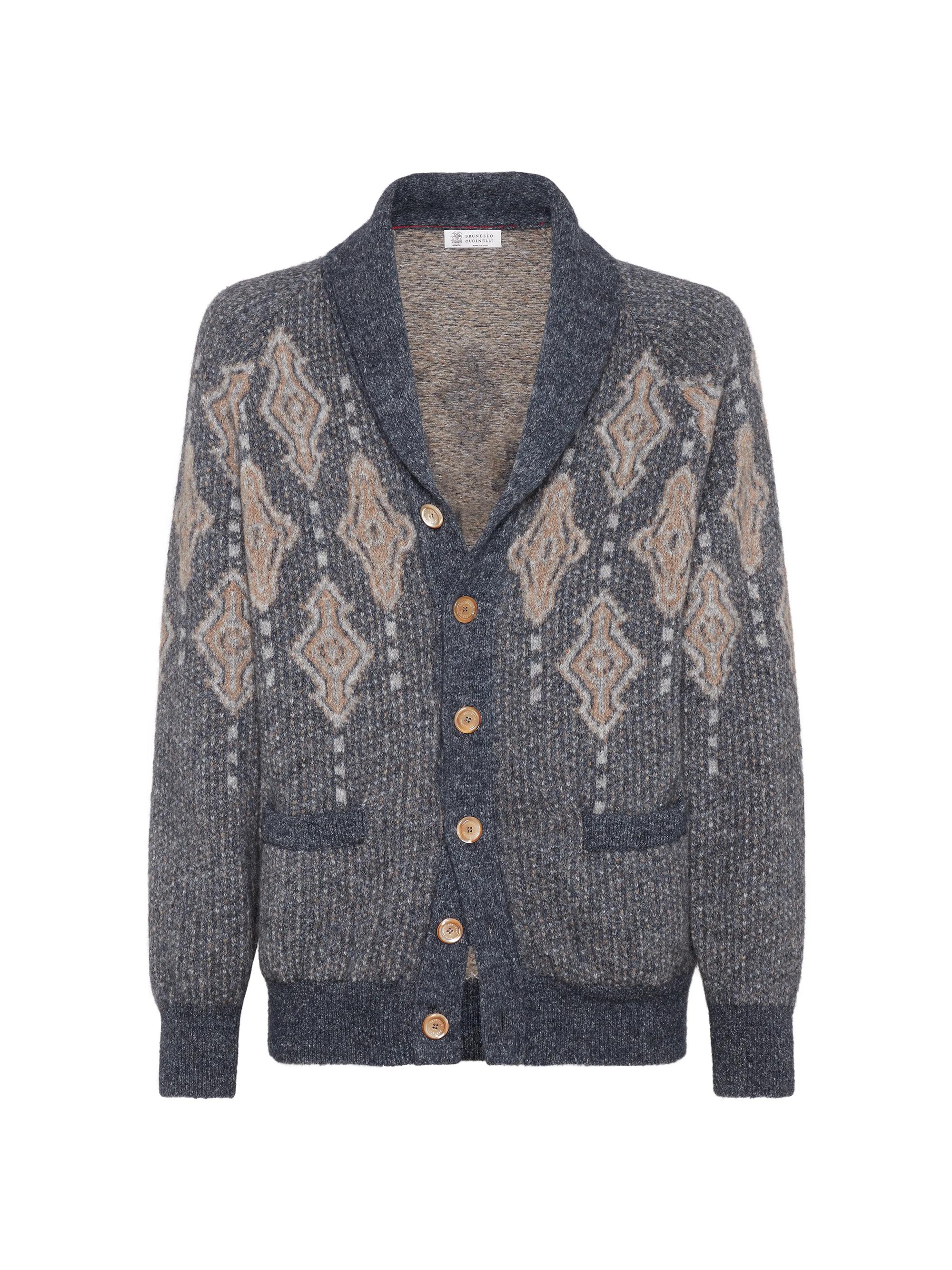 Brunello Cucinelli Men's Geometric Jacquard Cardigan in Alpaca, Cotton and Wool - Blue
