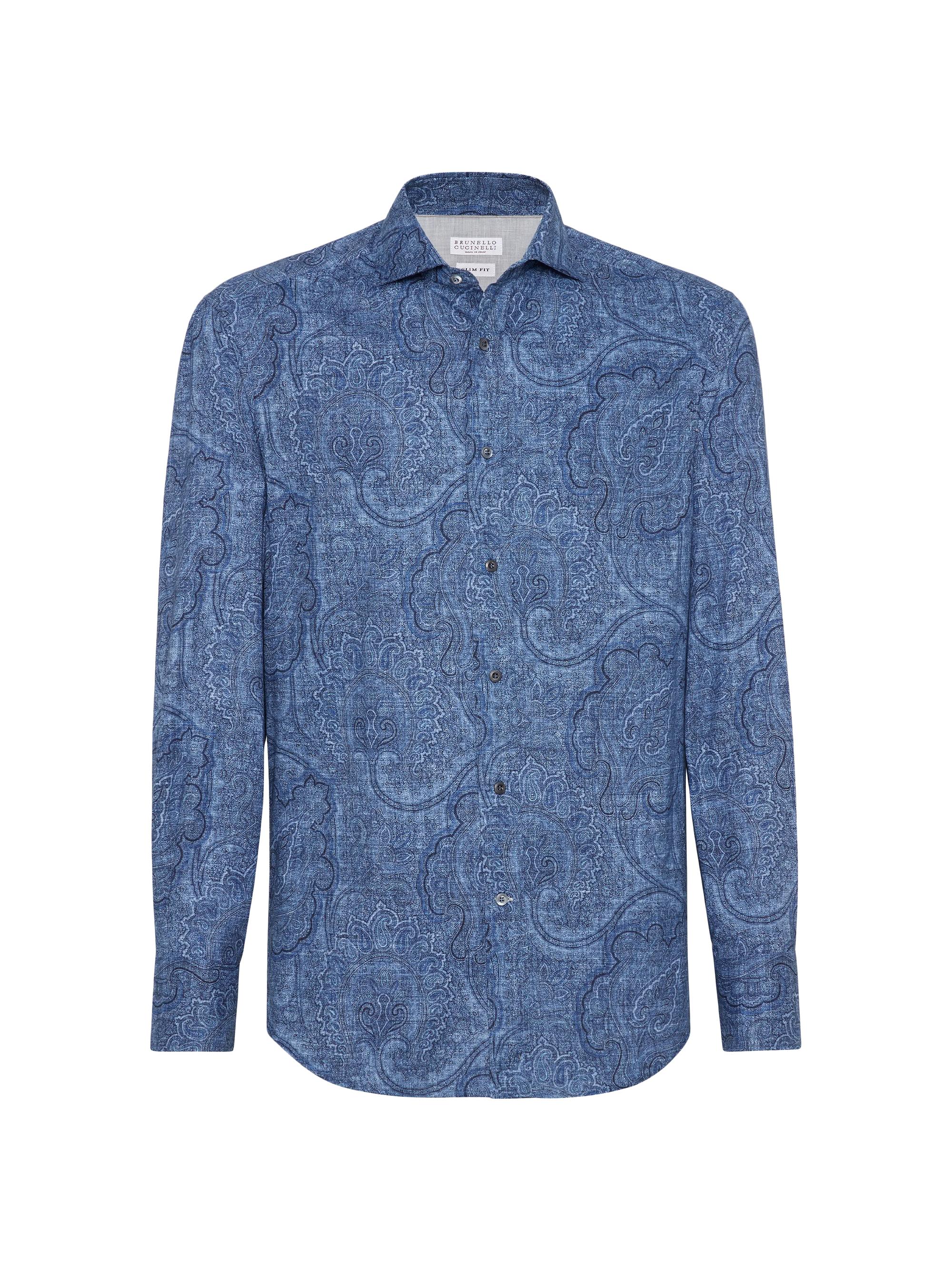 Brunello Cucinelli Men's Paisley Slim Fit Shirt With Spread Collar - Denim