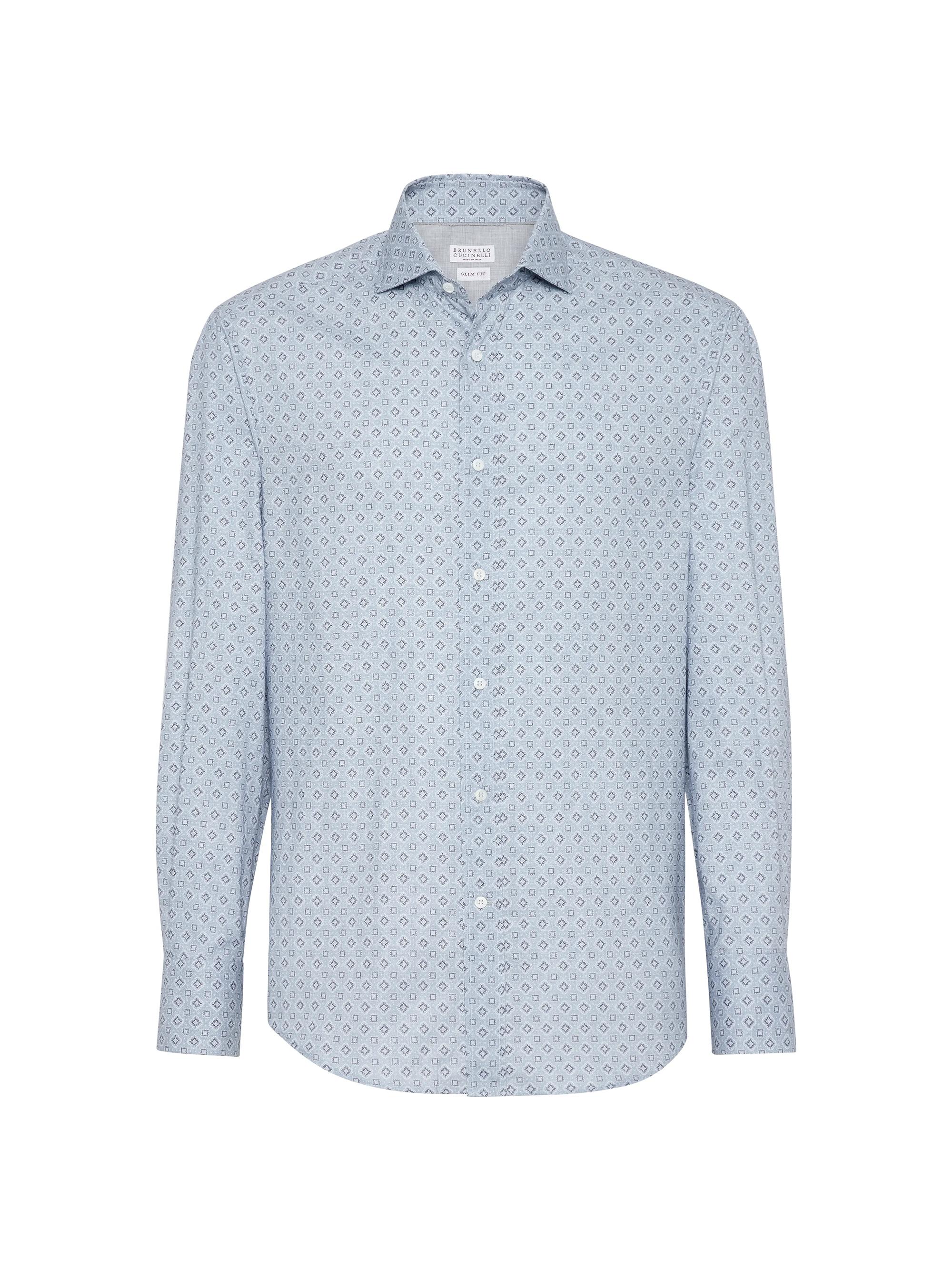 Brunello Cucinelli Men's Geometric Print Slim Fit Shirt with Spread Collar - Azure