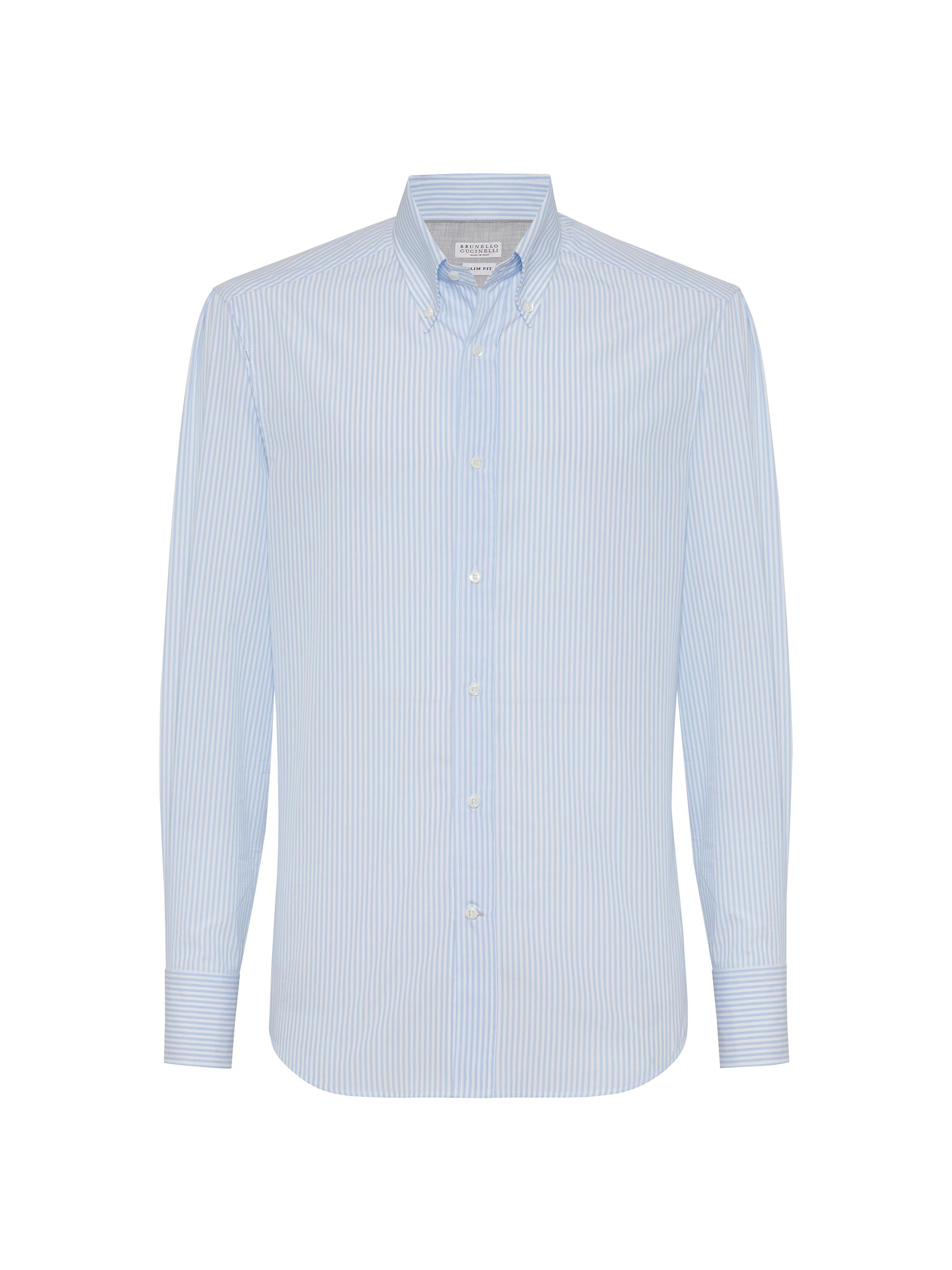 Brunello Cucinelli Men's Striped Cotton Slim-Fit Shirt with Button Down Collar - Azure