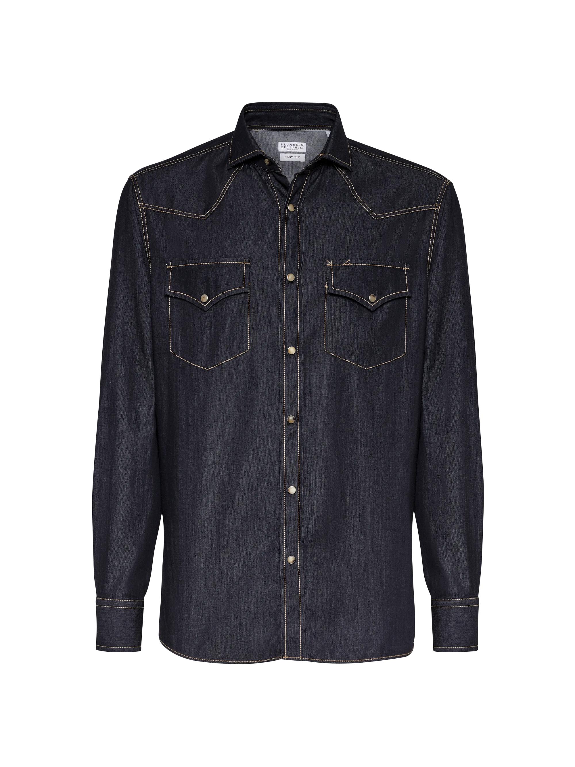 Brunello Cucinelli Men's Lightweight Denim Easy Fit Western Shirt - Black