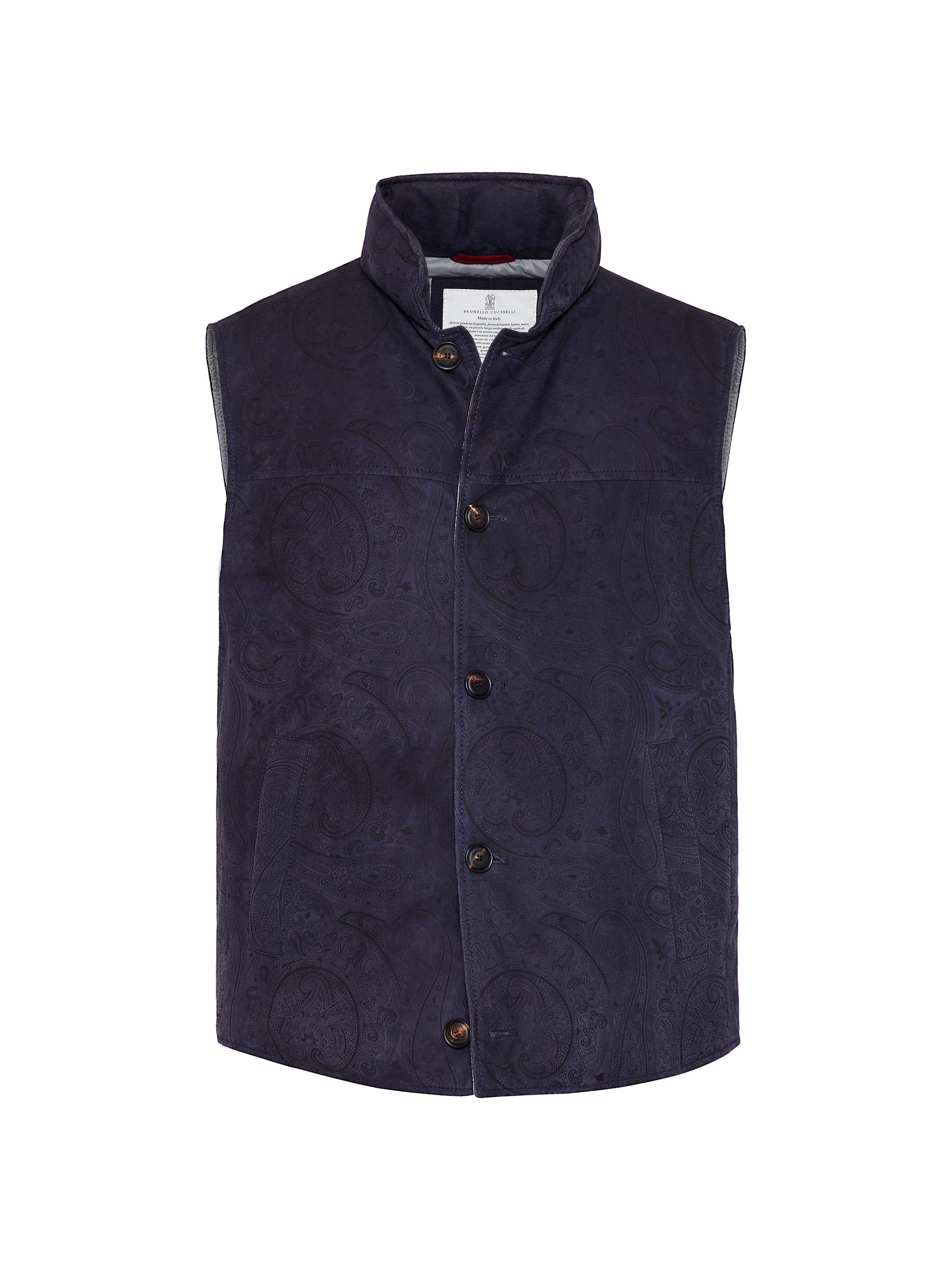 Brunello Cucinelli Men's Paisley Suede Down Vest - Prussian Blue
