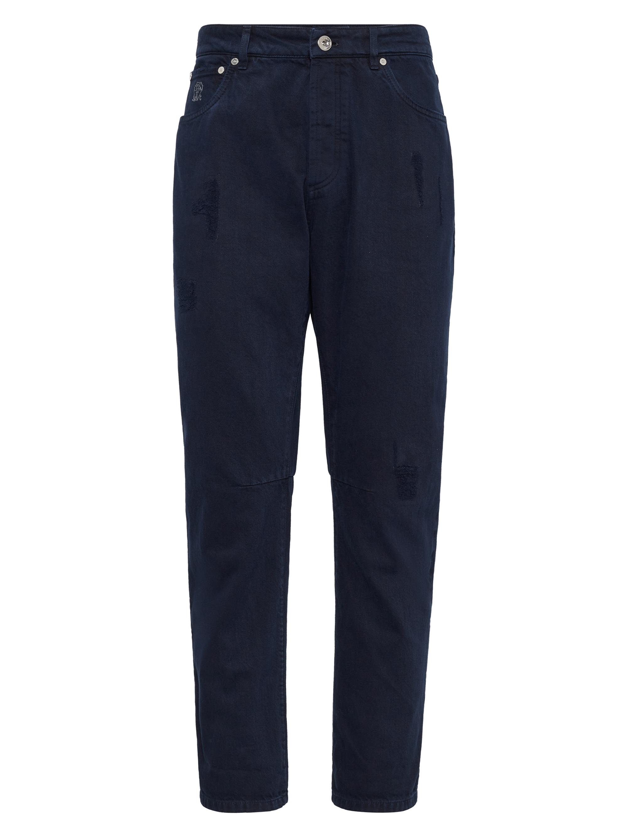 Brunello Cucinelli Men's Denim Leisure Fit Five Pocket Jeans with Rips - Navy Blue