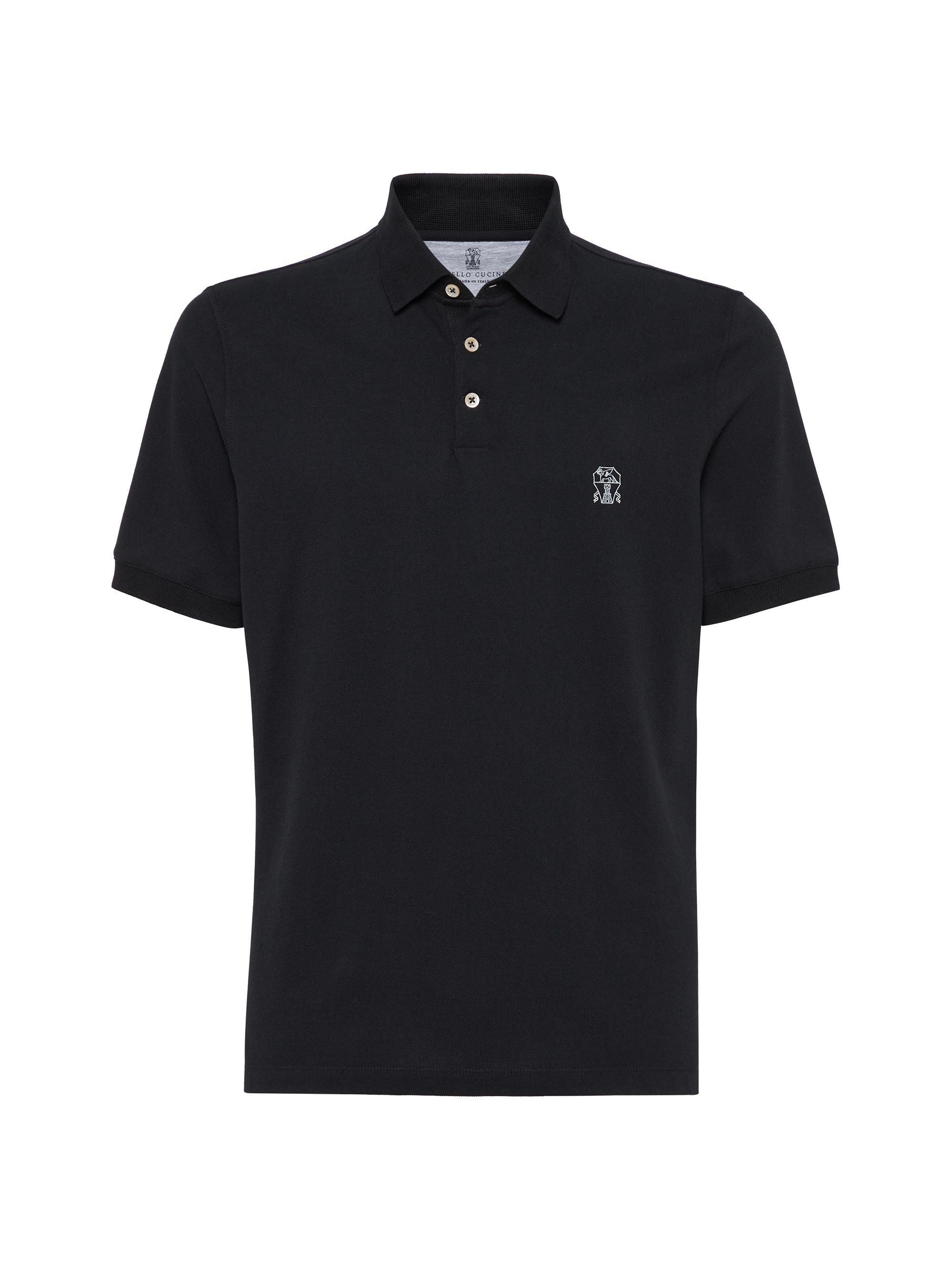 Brunello Cucinelli Men's Cotton Piqua Polo Shirt with Printed Logo - Black