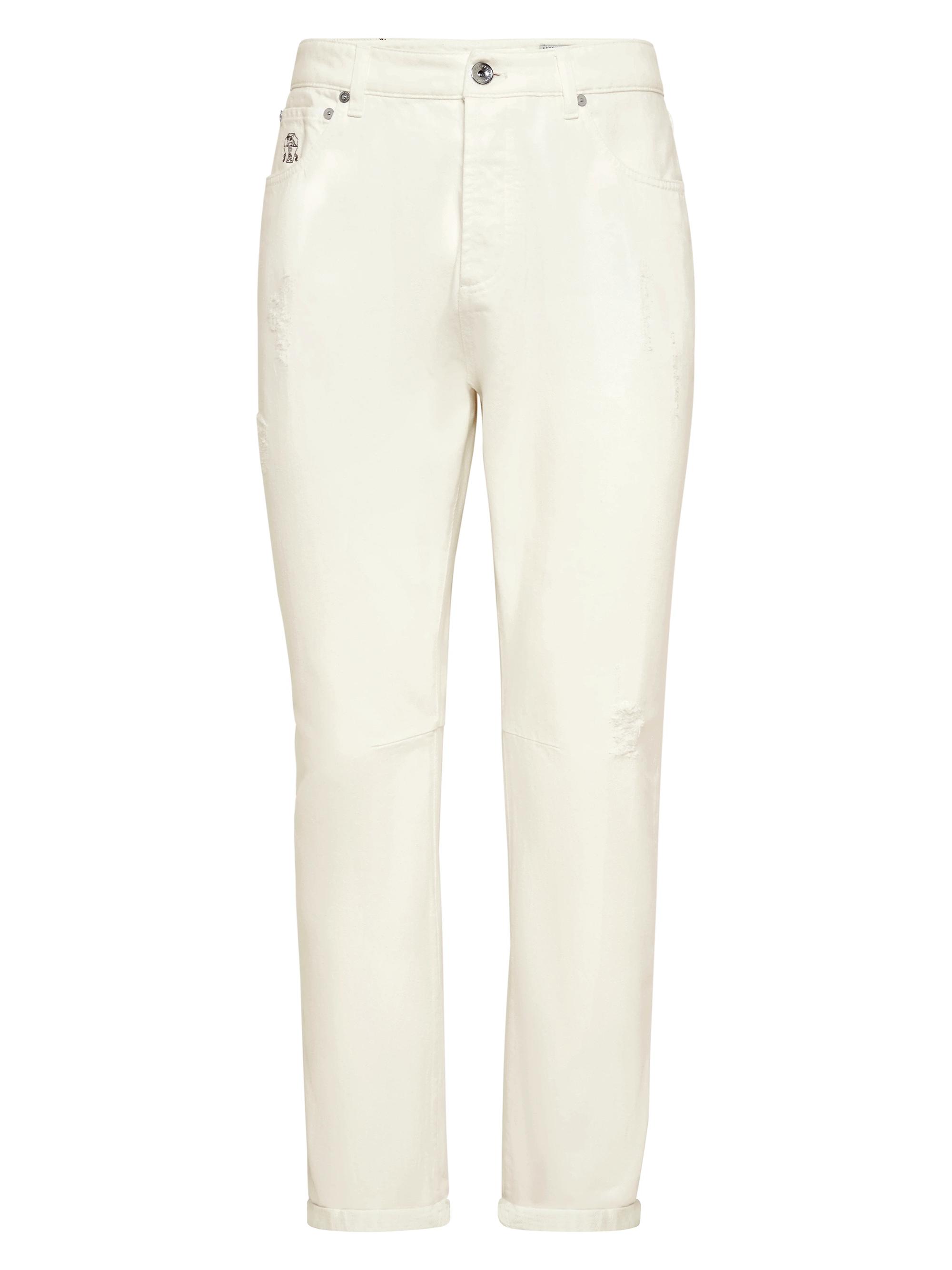 Brunello Cucinelli Men's Denim Leisure Fit Five Pocket Jeans with Rips - Off White