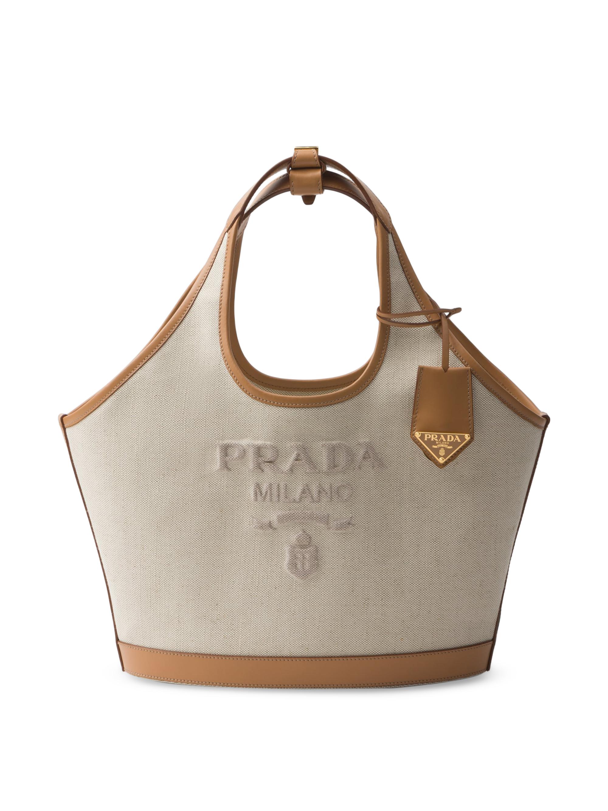 Prada Women's  Linen Blend and Leather Tote Bag - Beige Khaki