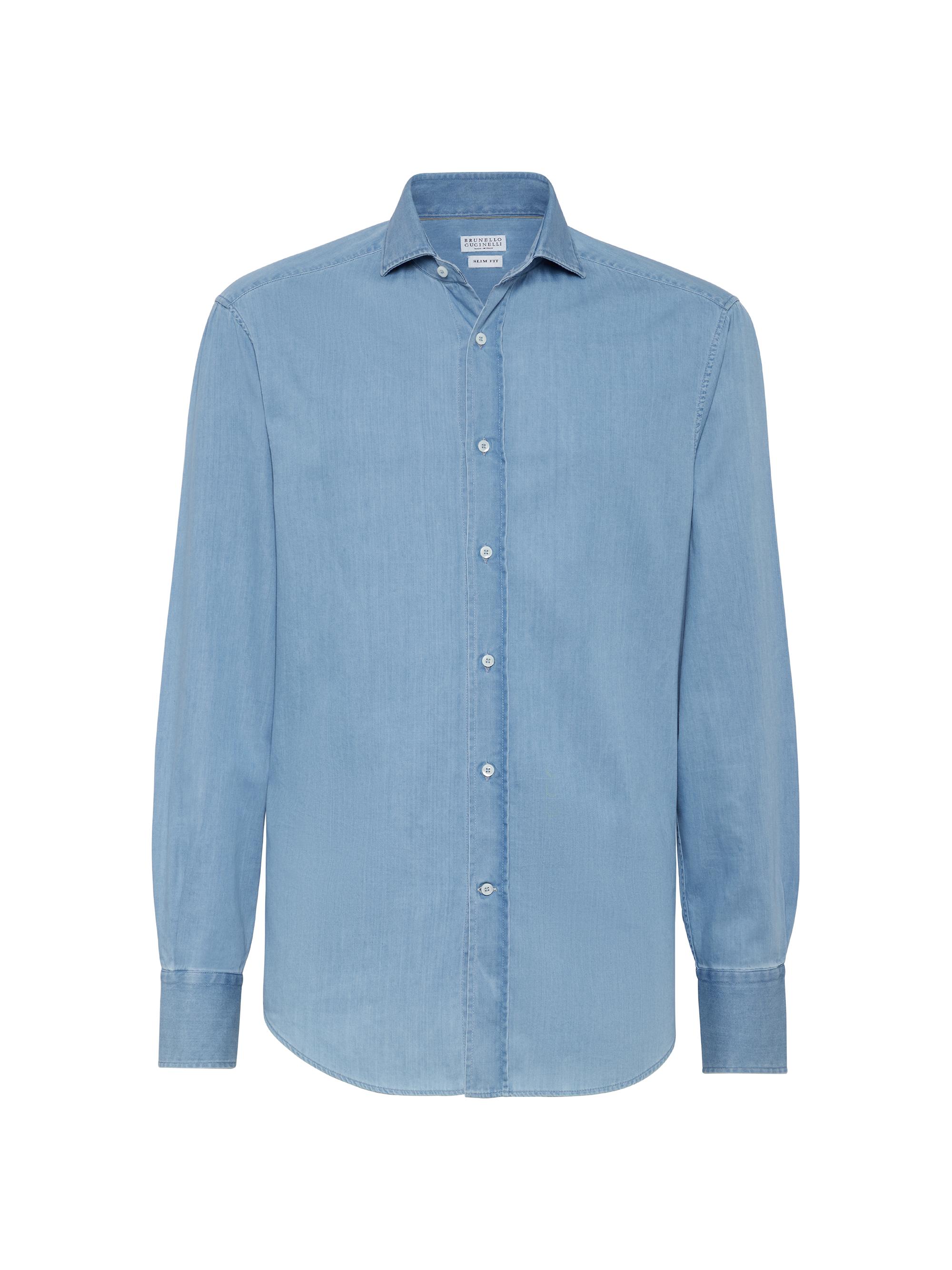 Brunello Cucinelli Men's Lightweight Denim Slim Fit Shirt with Spread Collar - Light Denim