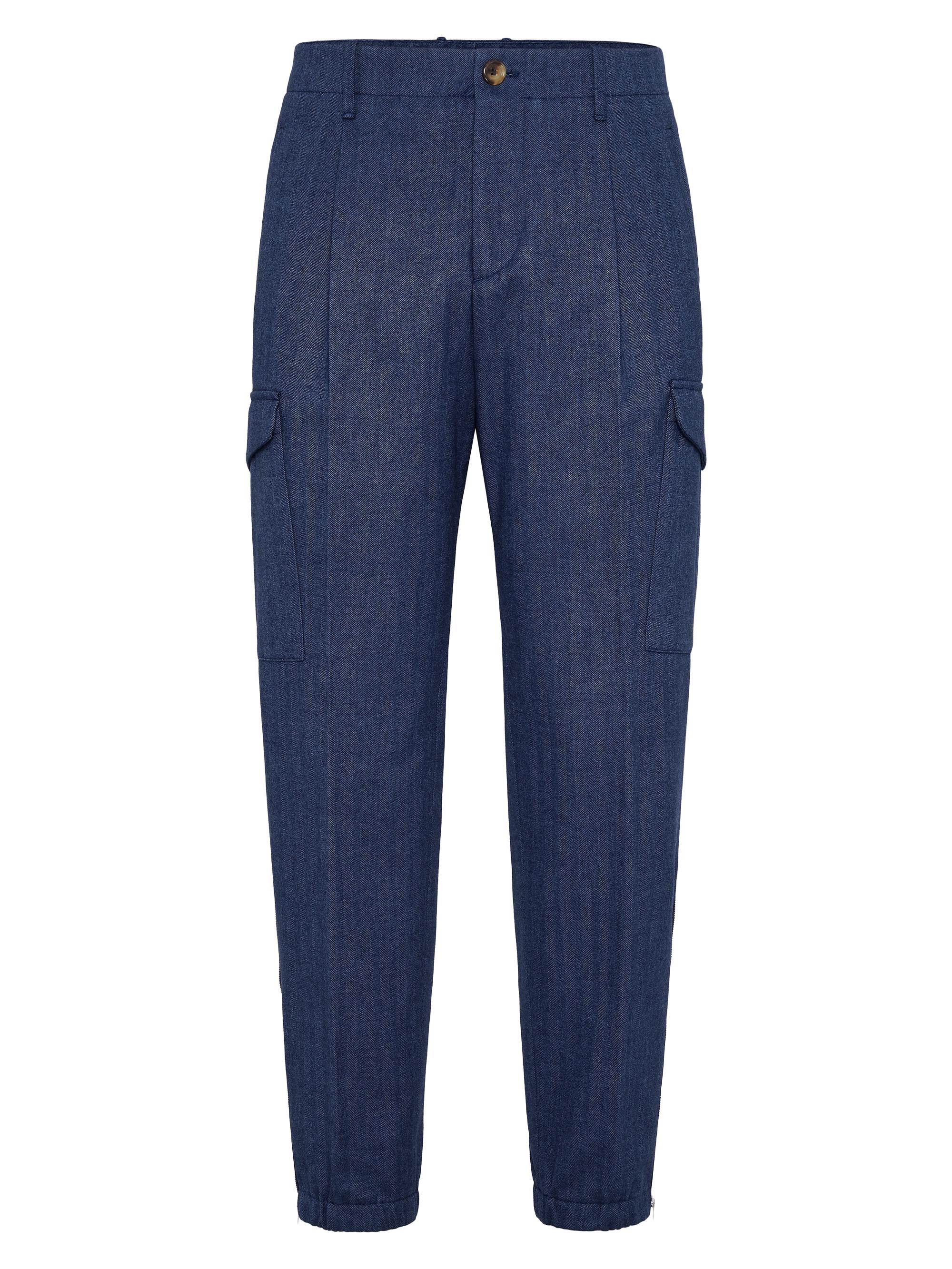 Brunello Cucinelli Men's Chevron Flannel Ergonomic Fit Trousers with Pleats - Dark Grey