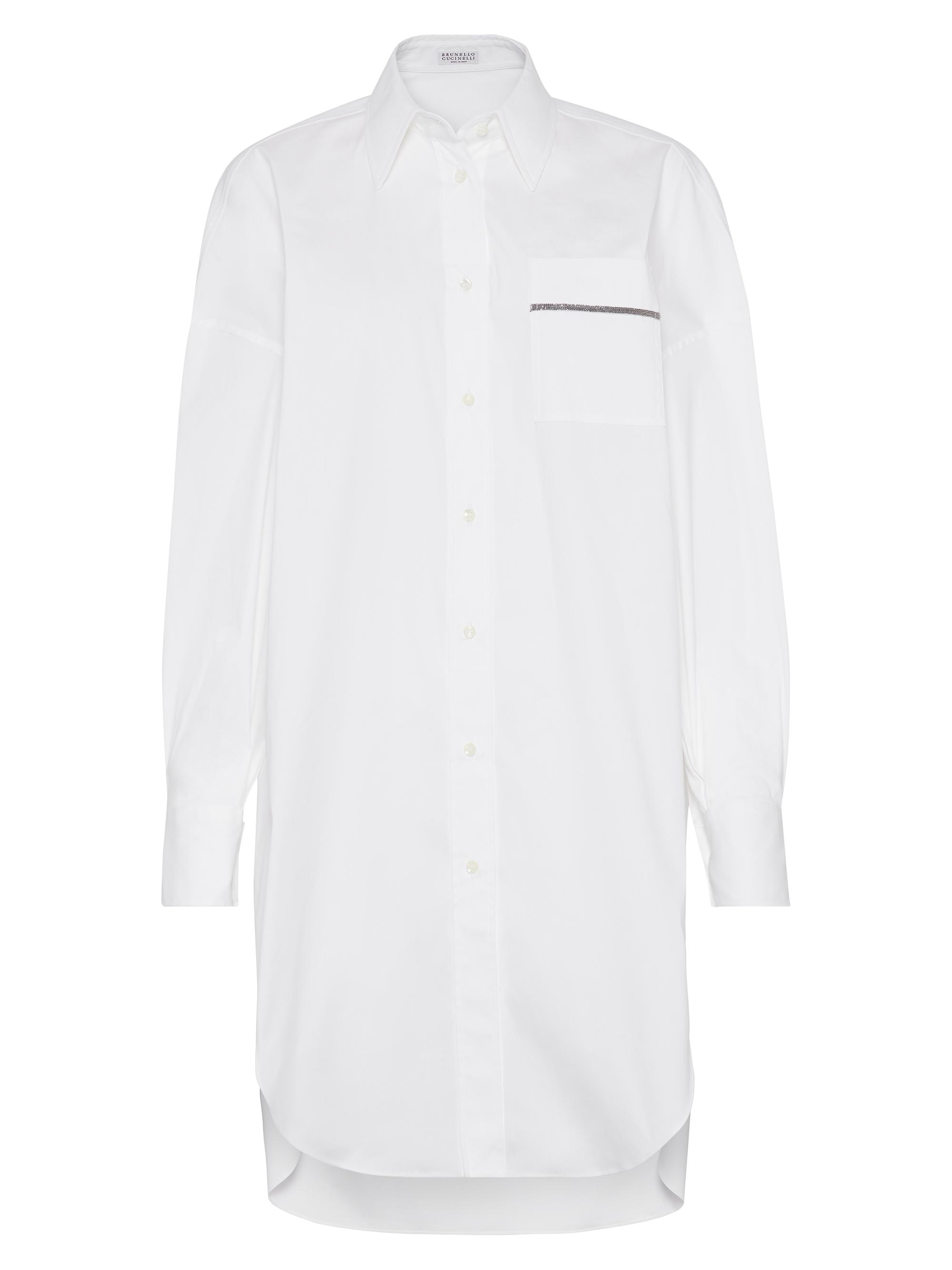 Brunello Cucinelli Women's Stretch Cotton Poplin Long Shirt with Shiny Pocket Detail - White