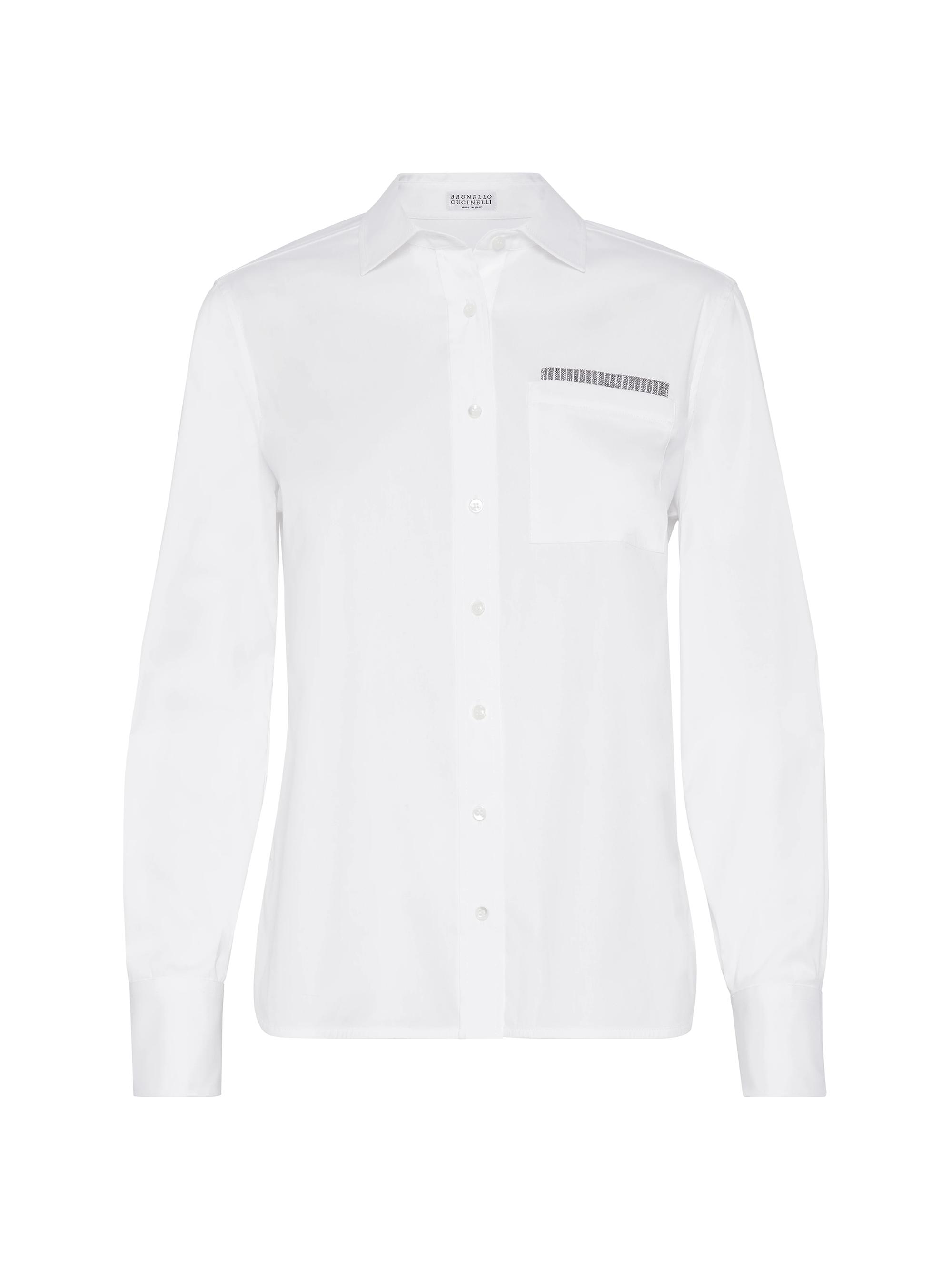 Brunello Cucinelli Women's Stretch Cotton Poplin Shirt with Shiny Ribbed Detail - White