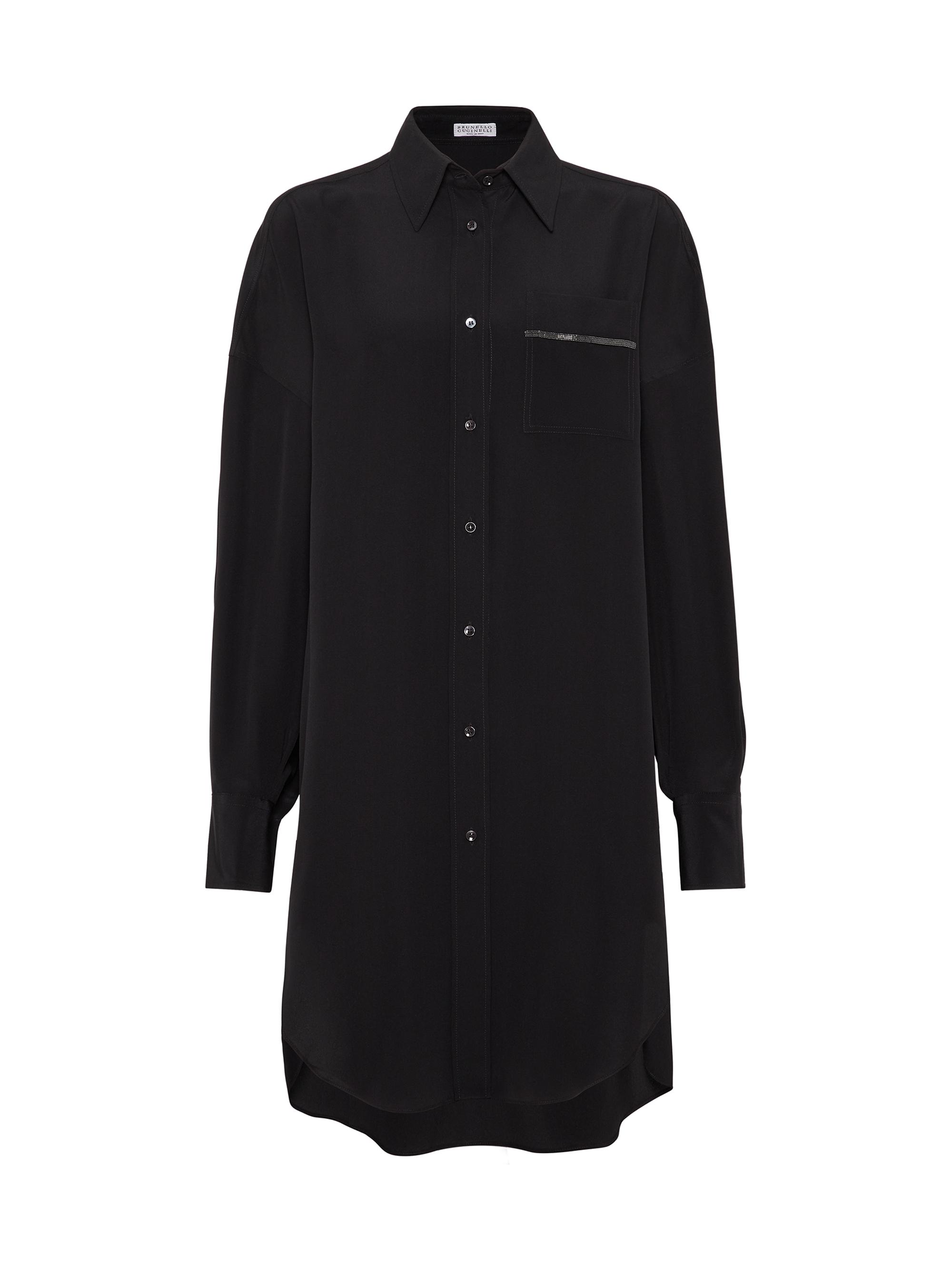 Brunello Cucinelli Women's Silk Crepe De Chine Long Shirt with Shiny Pocket Detail - Black