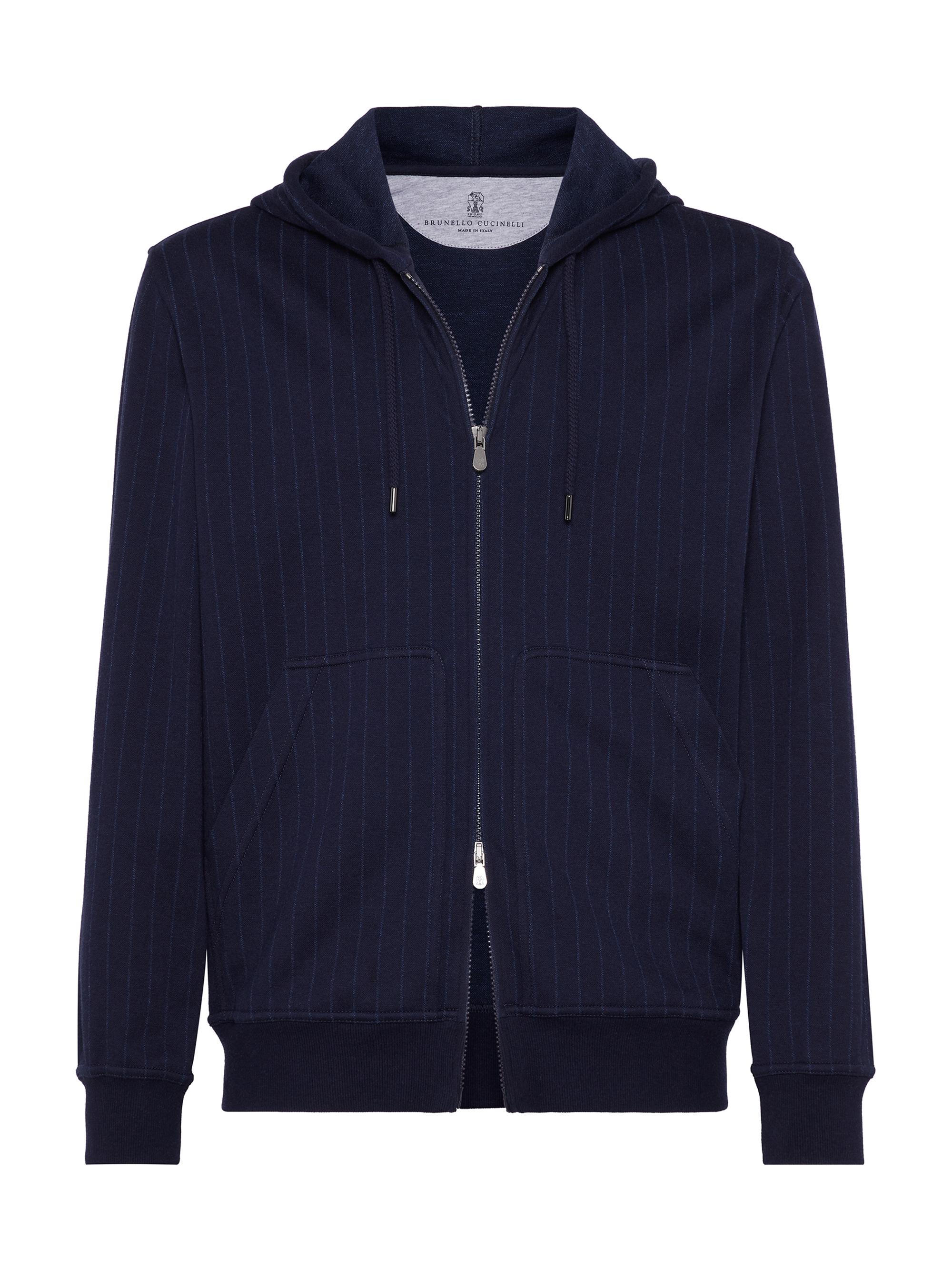 Brunello Cucinelli Men's French Terry Double Cloth Hooded Sweatshirt with Zipper - Blue
