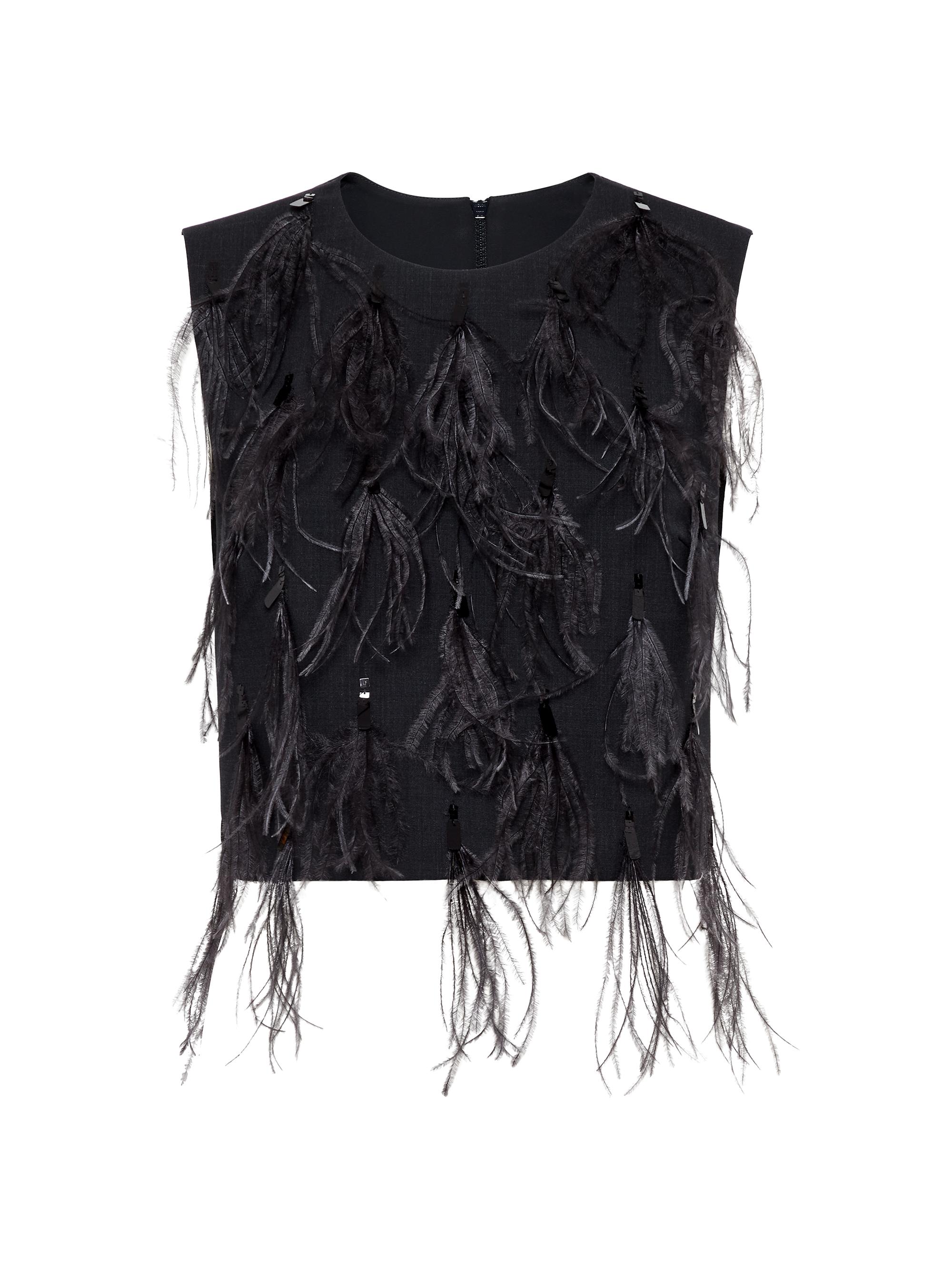Brunello Cucinelli Women's Tropical Luxury Wool Top with Dazzling Feather Embroidery - Anthracite
