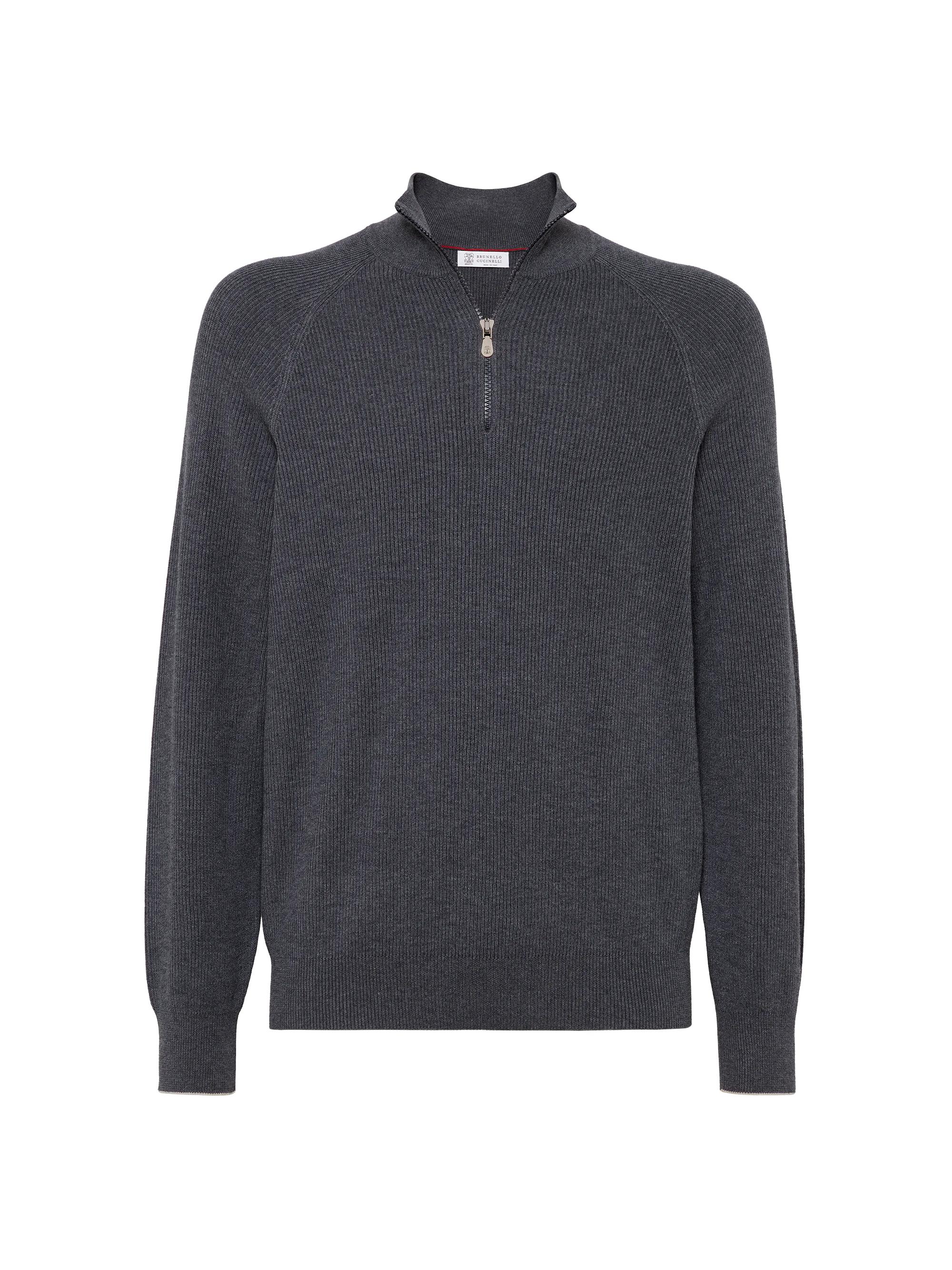 Brunello Cucinelli Men's Knit Sweater with Half Zip and Raglan Sleeves - Lead