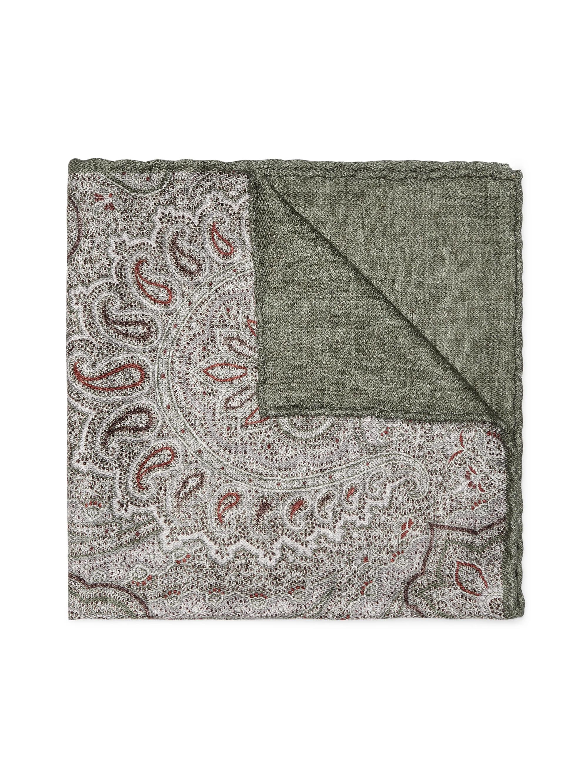 Brunello Cucinelli Men's Silk Pocket Square with Paisley Design - Olive