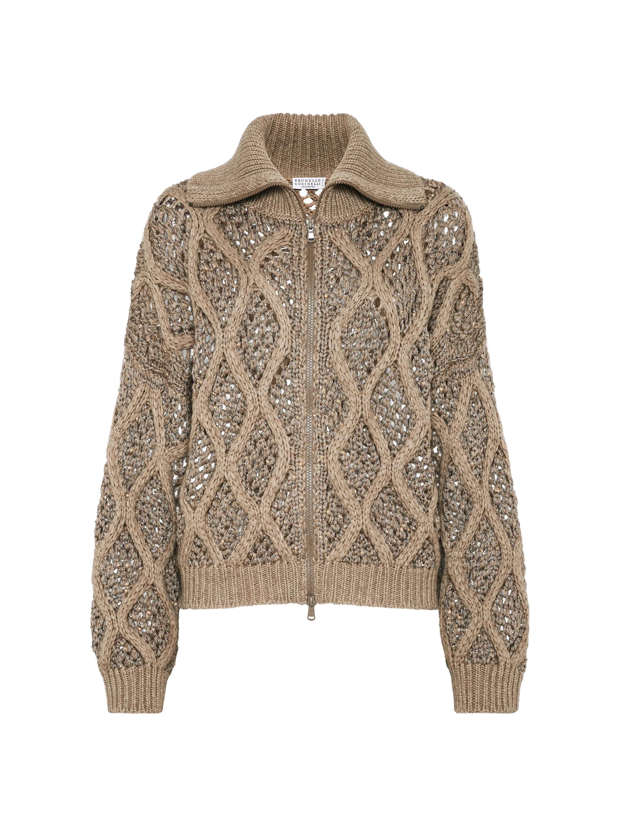 Brunello Cucinelli Women's Cashmere Feather Yarn Dazzling Net and Cable Cardigan - Brown