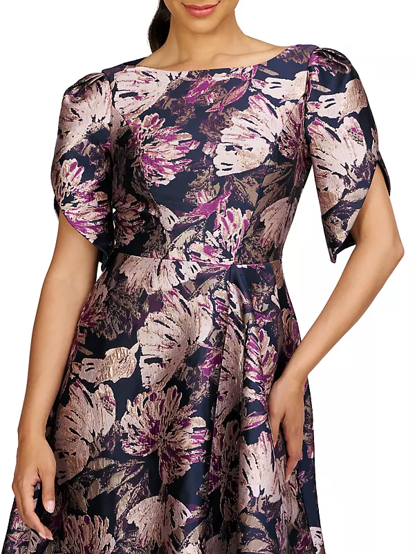 Shop Kay Unger Natasha Floral Metallic Jacquard Short-Sleeve Shop Kay Unger Natasha Floral Metallic Jacquard Short-Sleeve