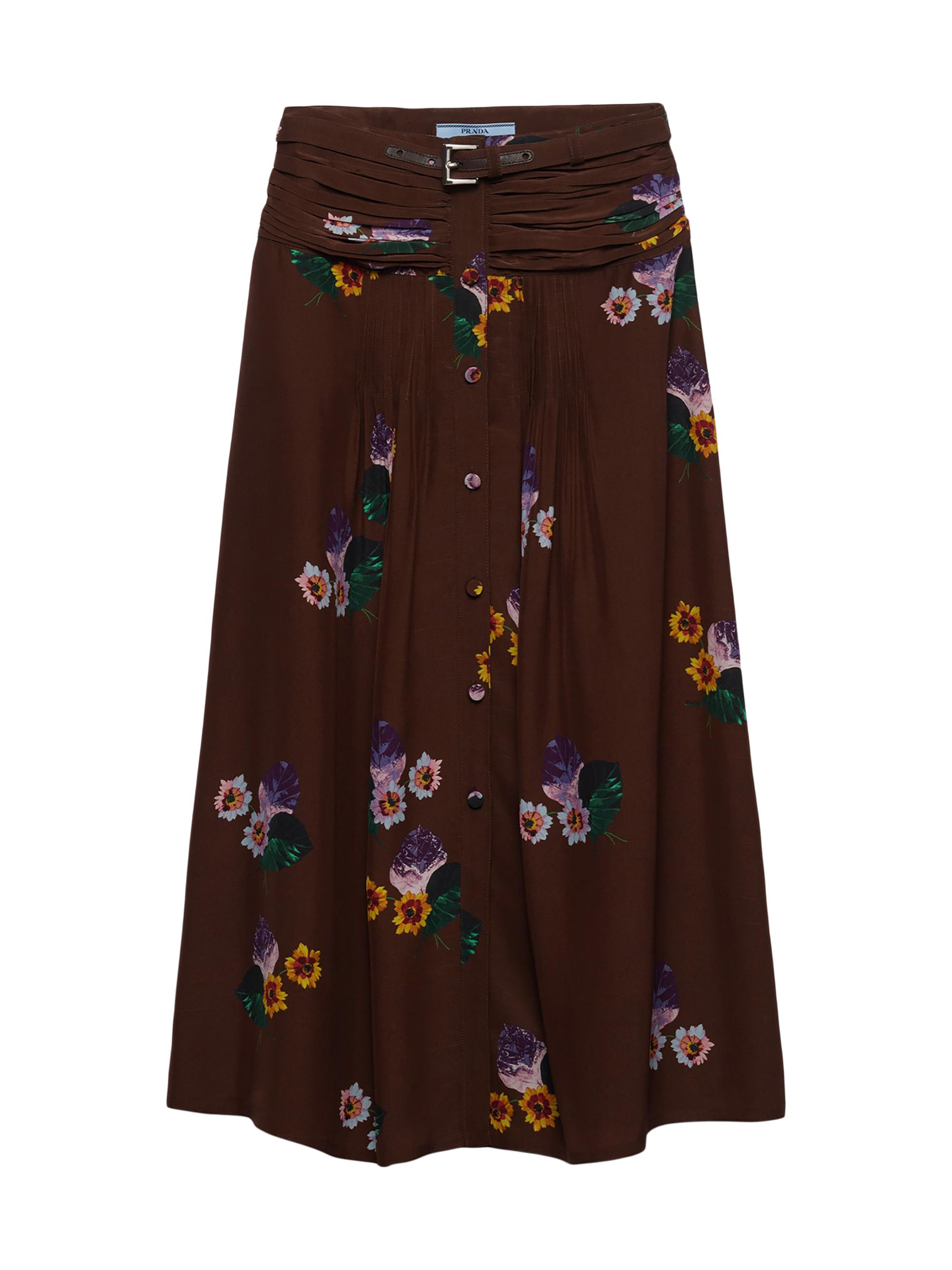 Prada Women's Printed Pongee Midi-Skirt - Brown