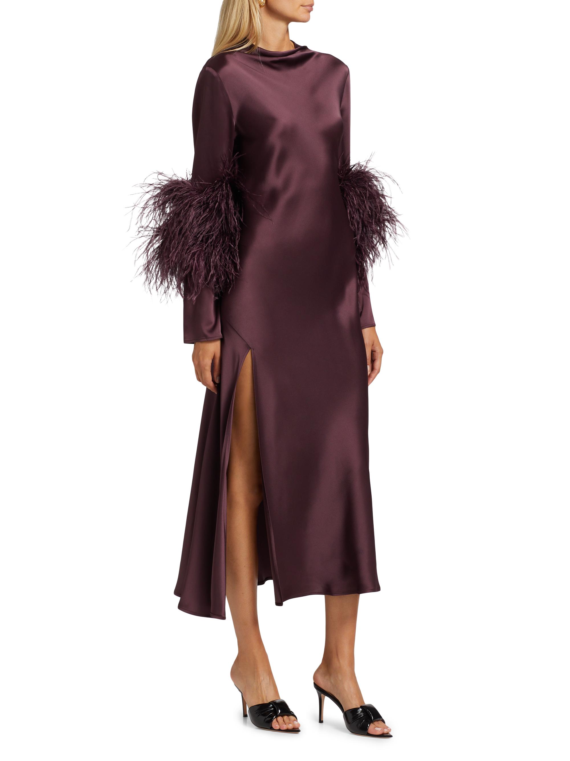 feathered satin midi dress Precious Aura Champagne Satin Feather Long Sleeve Midi Dress