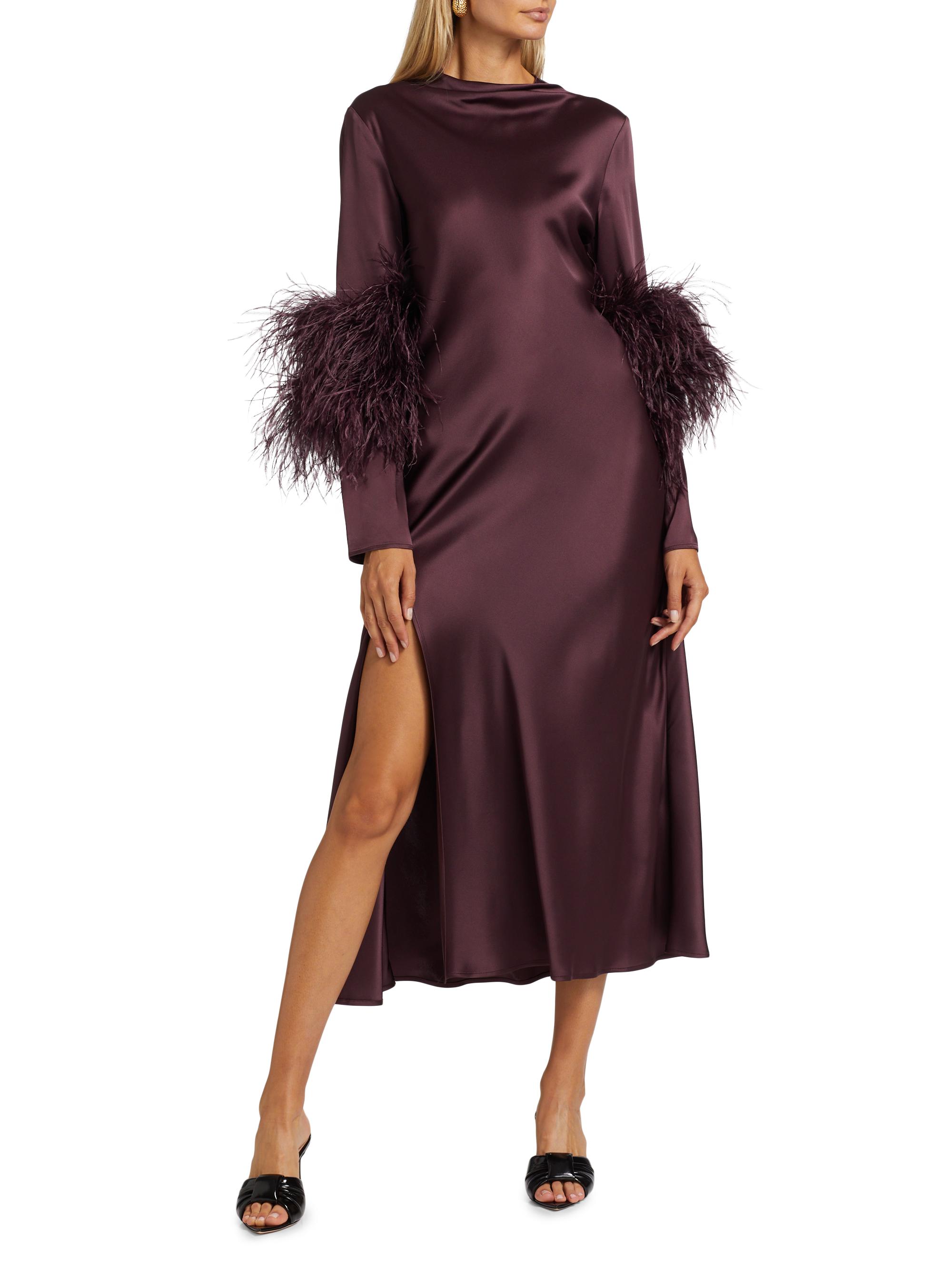 LAPOINTE Satin Draped Neck Bias Dress With Feathers | Mulberry / 12