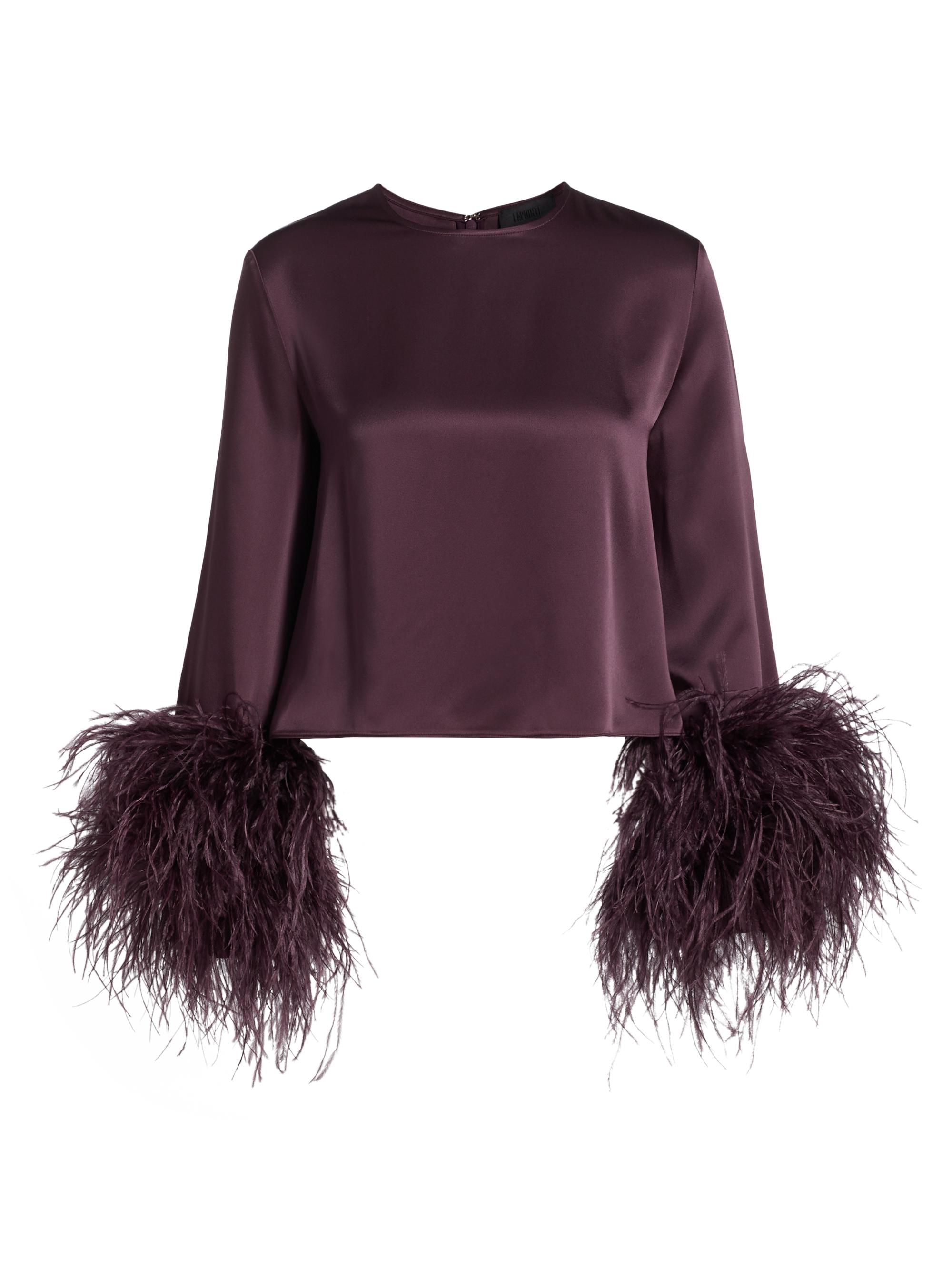 LaPointe Women's Satin Feather-Cuff Top - Mulberry