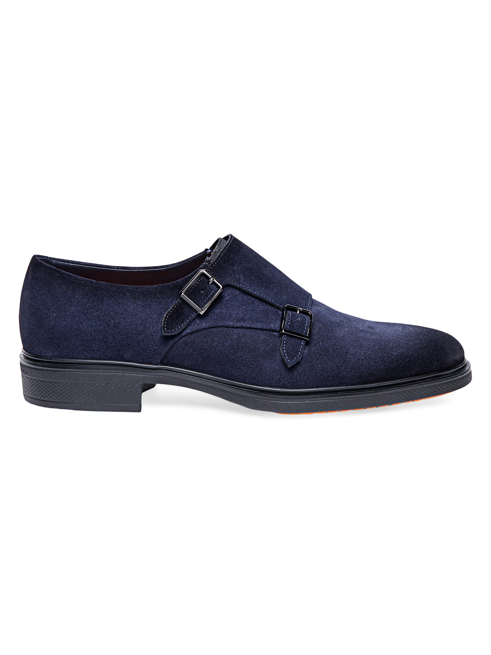 Santoni Men's Easy Suede Double Monk Strap Shoes - Blue