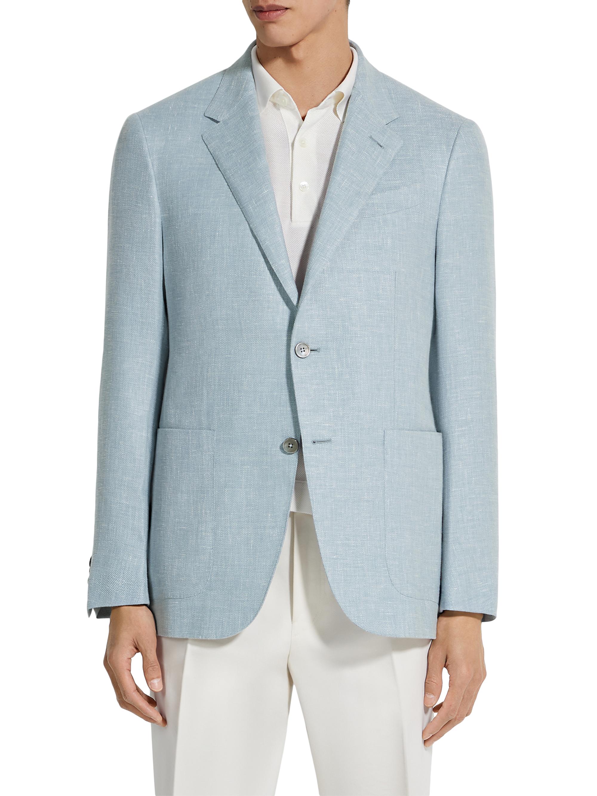ZEGNA Men's Crossover Linen Wool and Silk Blend Jacket - Light Blue