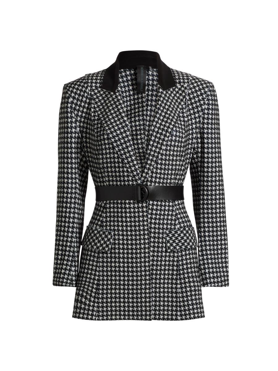 Norma Kamali Houndstooth Belted Single-Breasted Blazer