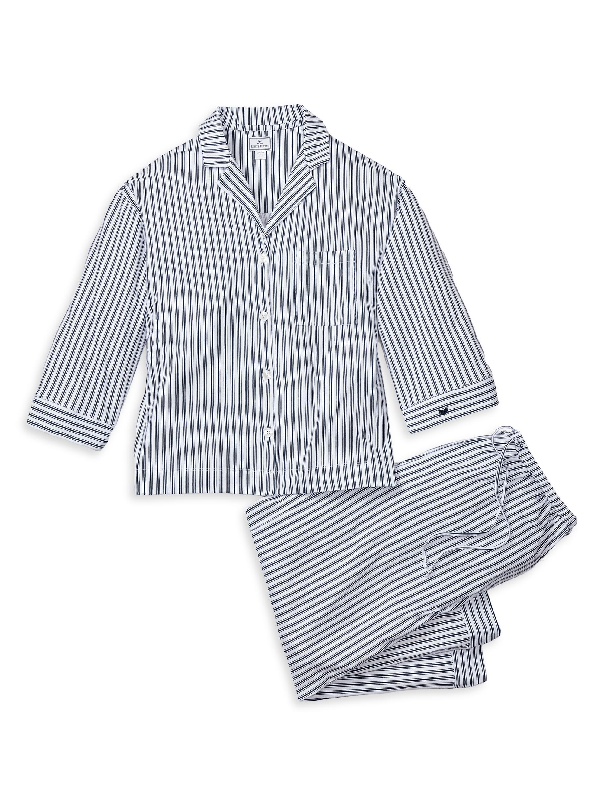 Petite Plume Striped Three-Quarter Sleeve Pajama Set - Navy French Ticking