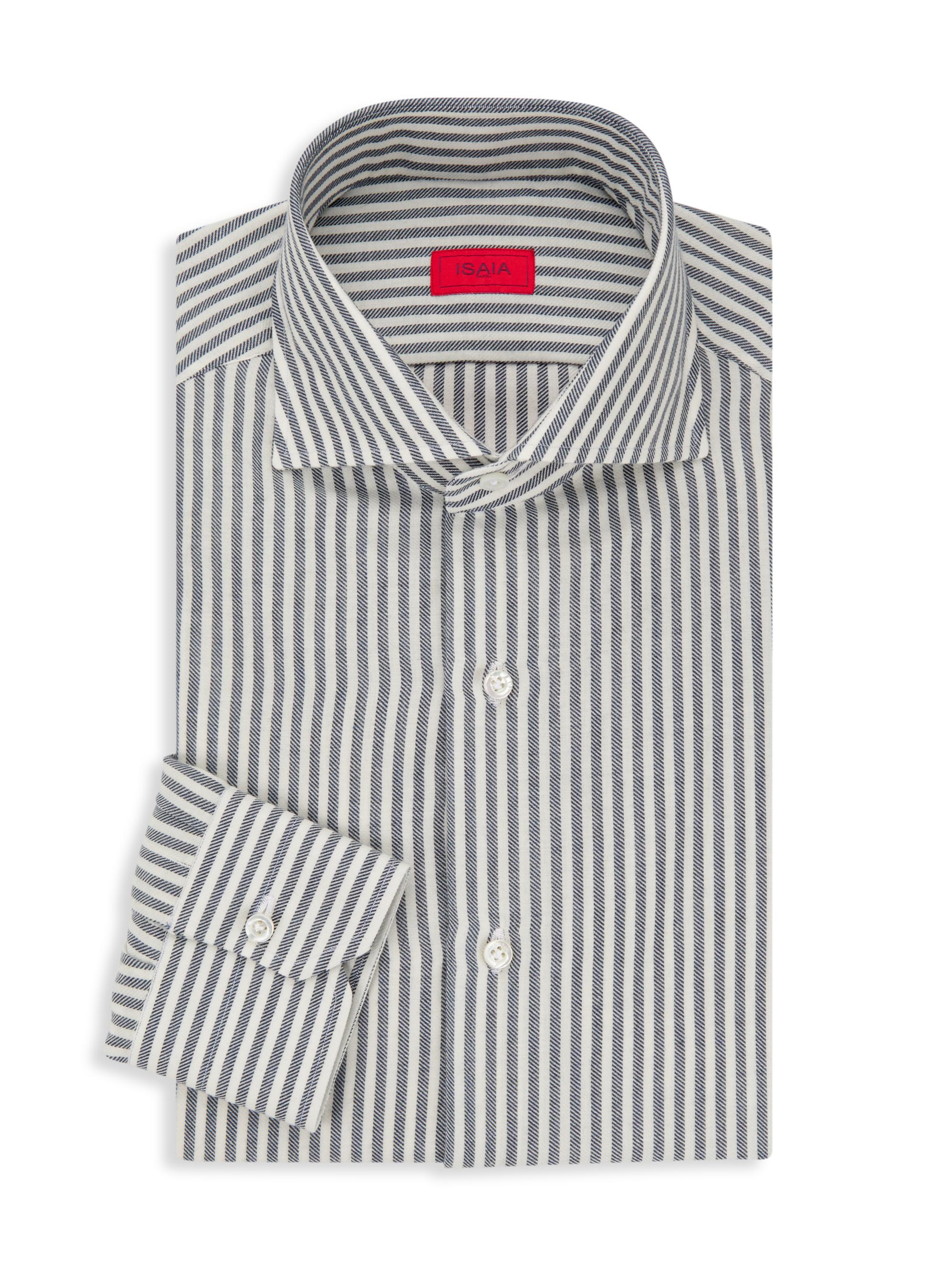 Isaia Men's Striped Cotton-Blend Dress Shirt - White Blue