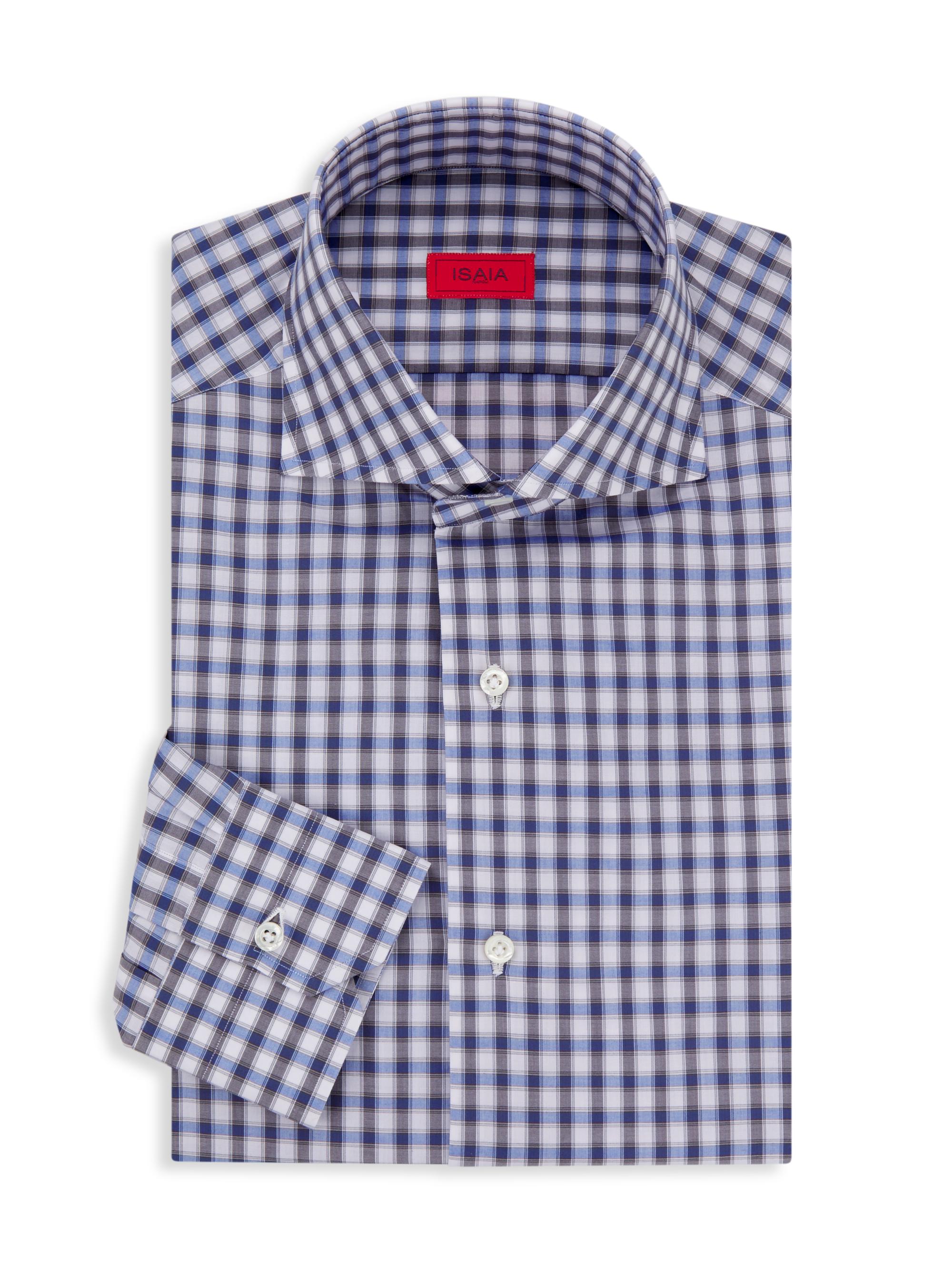Isaia Men's Grid Check Cotton Dress Shirt - White Blue