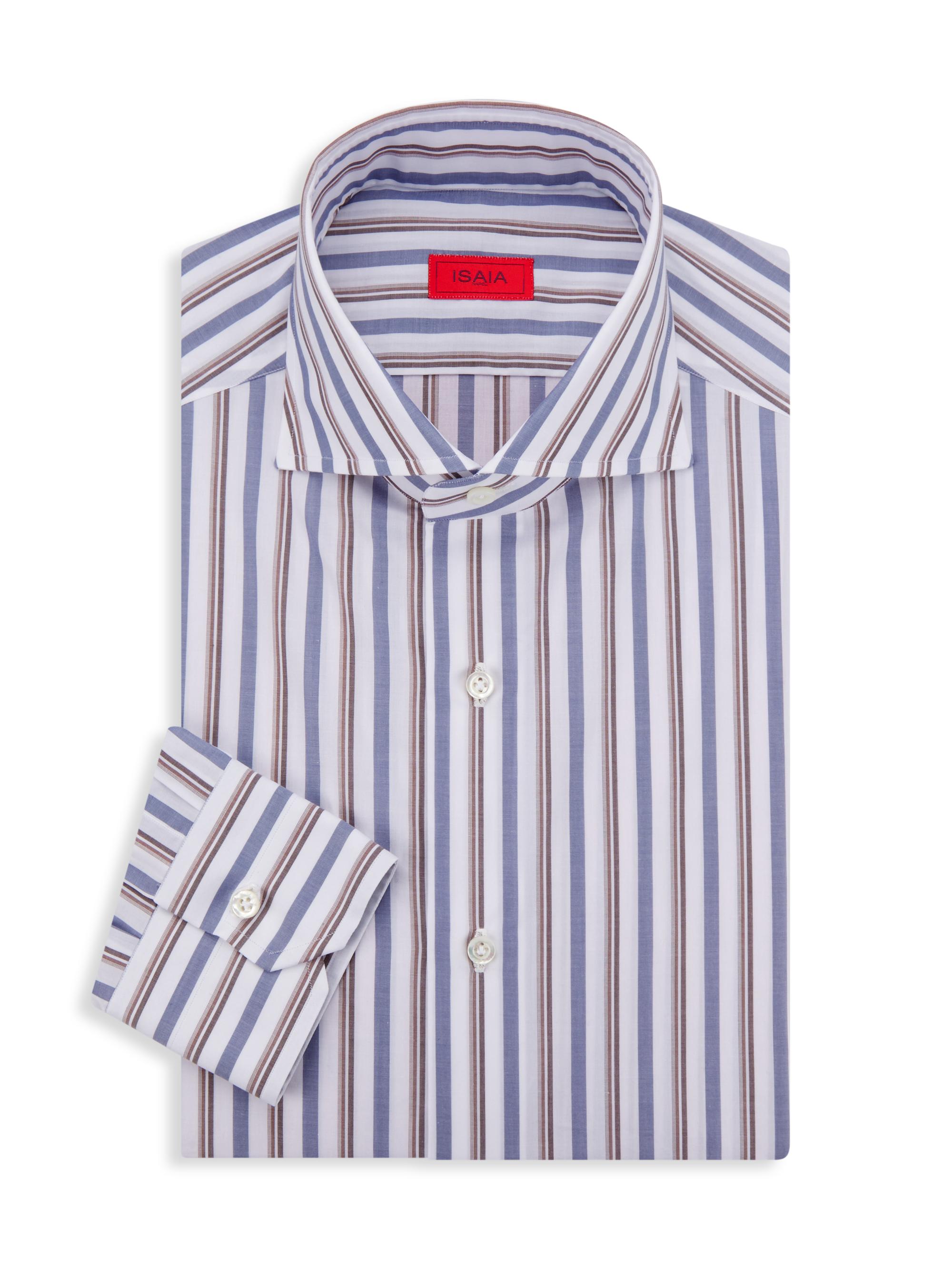Isaia Men's Striped Cotton Dress Shirt - White Blue