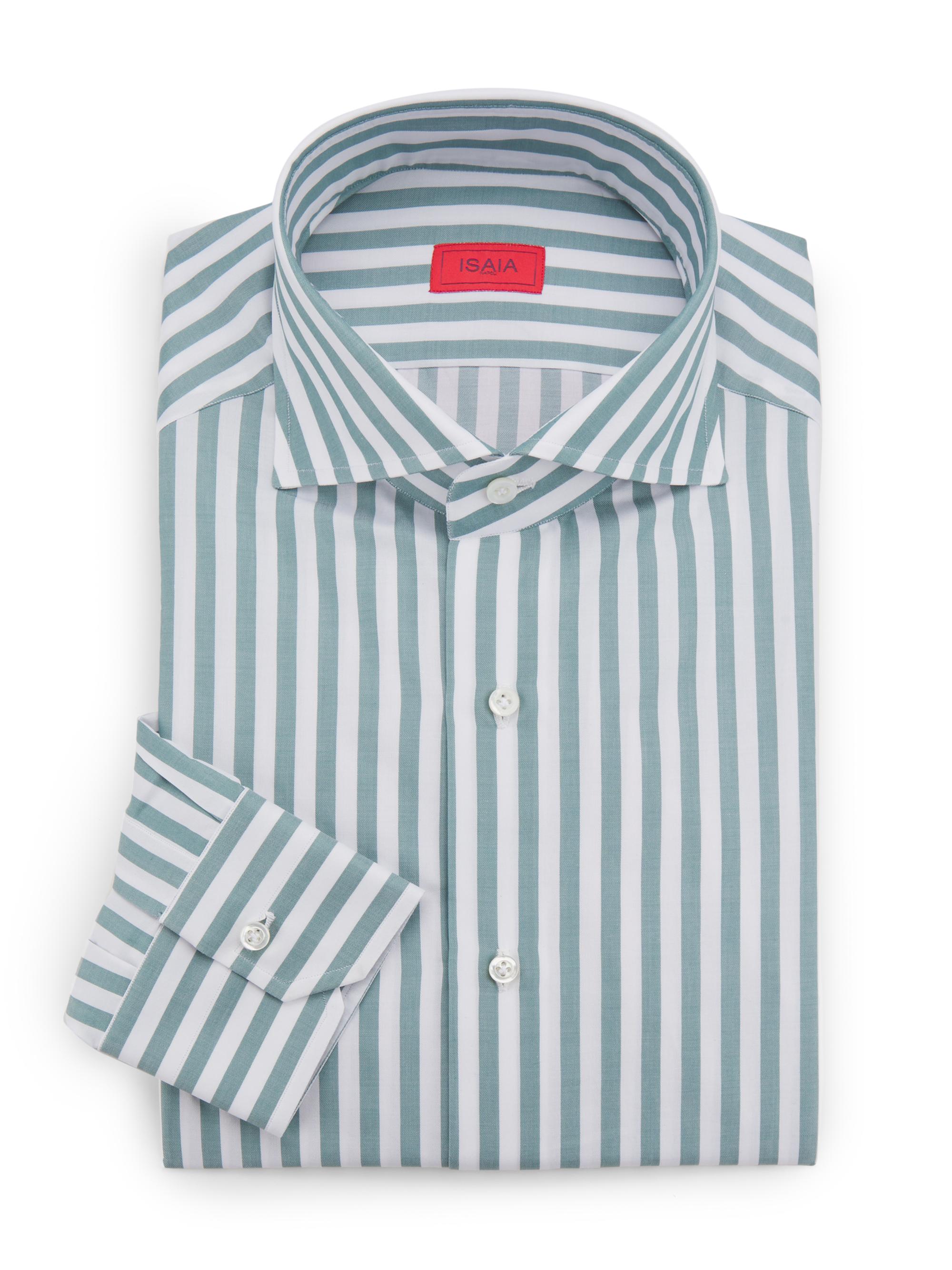 Isaia Men's Righe Colorati Striped Cotton Button-Front Shirt - White Green