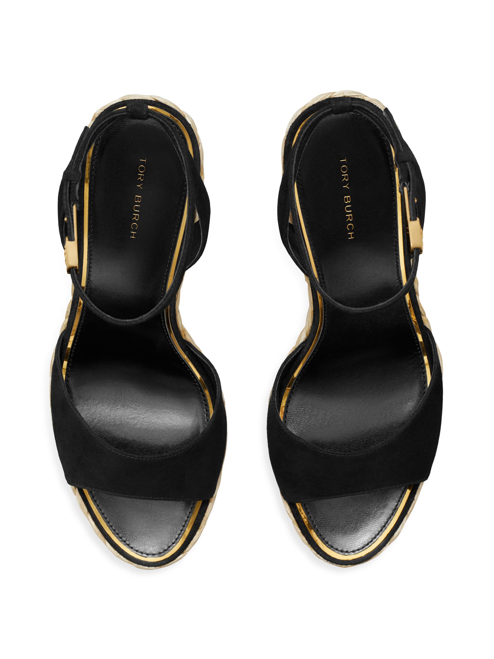 Tory Burch Double T Buckle 80MM Suede Wedge Sandals | Saks