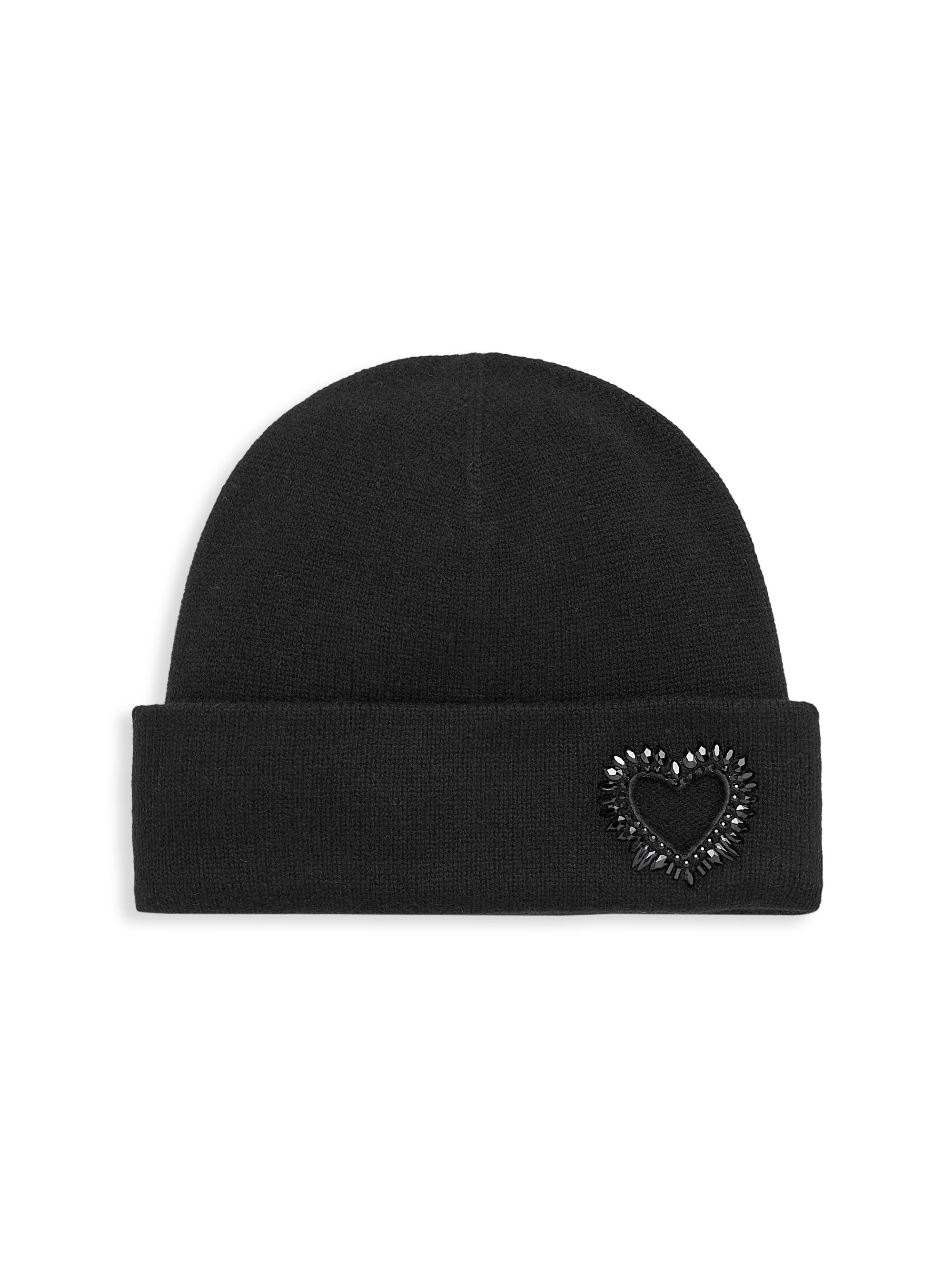 Carolyn Rowan Collection Women's Cashmere Cuffed Beanie W. Heart Cutout & Crystals - Black