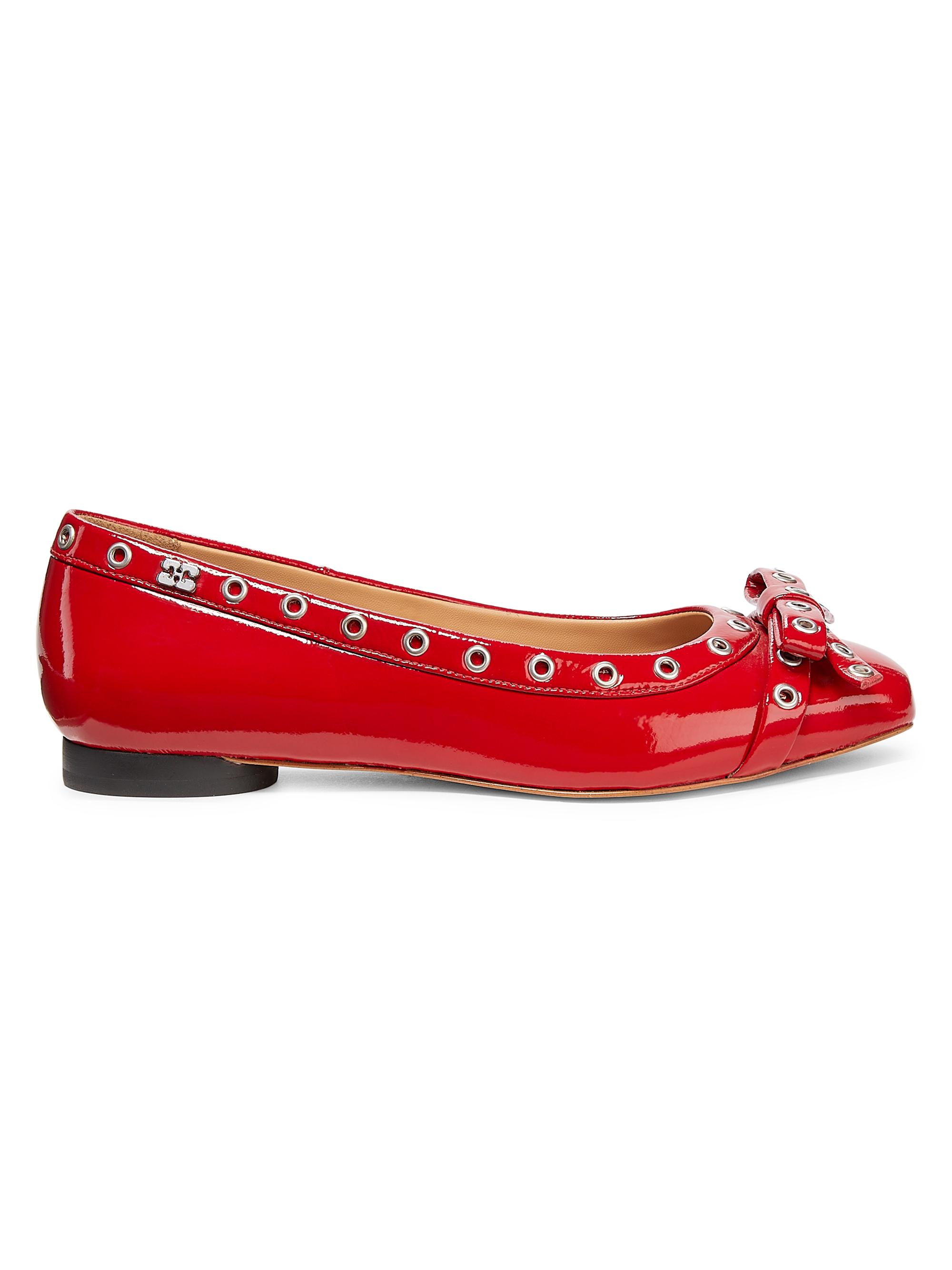Ganni Women's Eyelets Bow Patent Leather Ballerina Flats - Racing Red