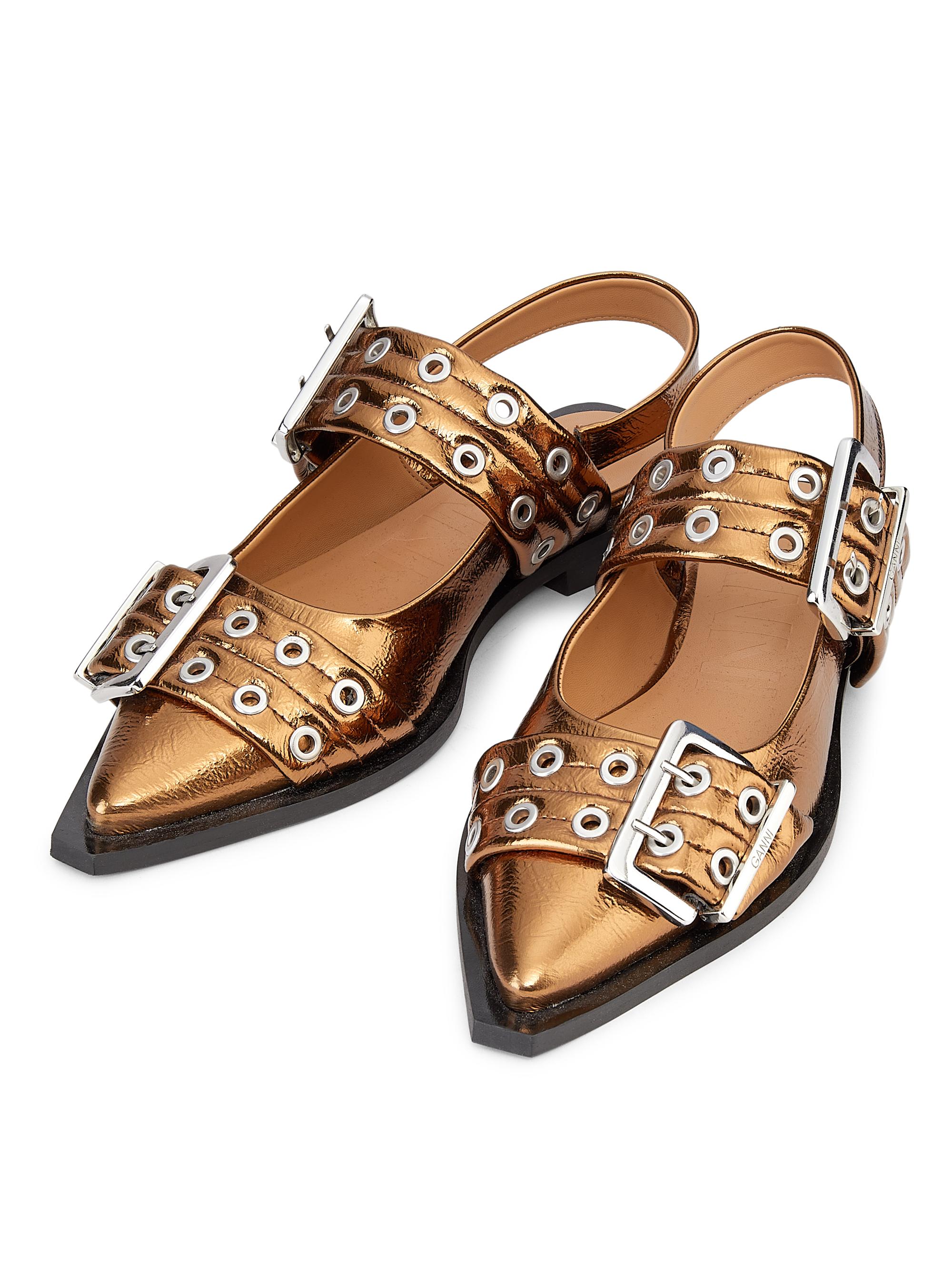 Ganni Women's Metallic Buckle Ballerina Flats - Bronze - detail view in Bronze