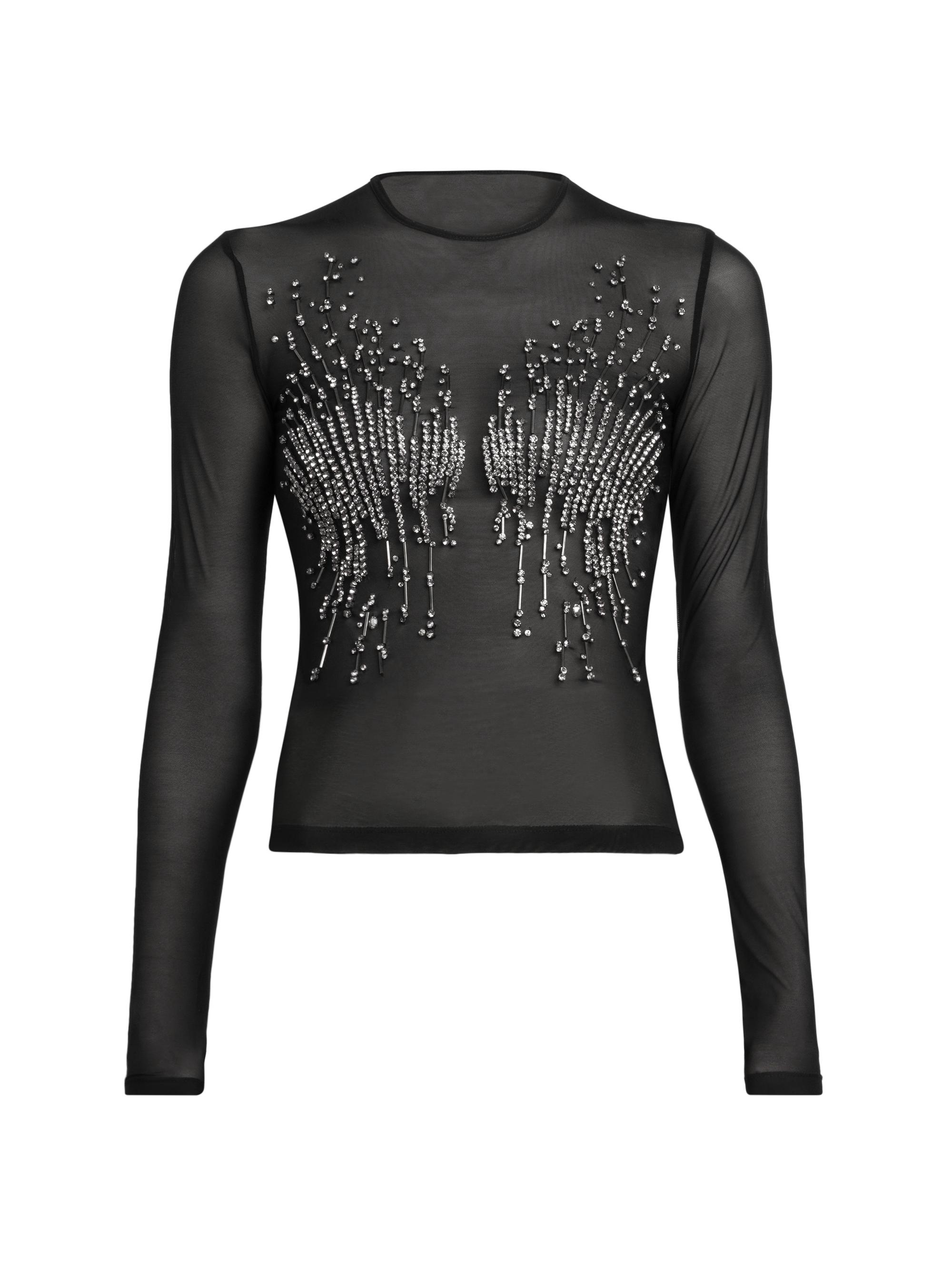 Alberta Ferretti Women's Beaded Tulle Long-Sleeve Top - Black