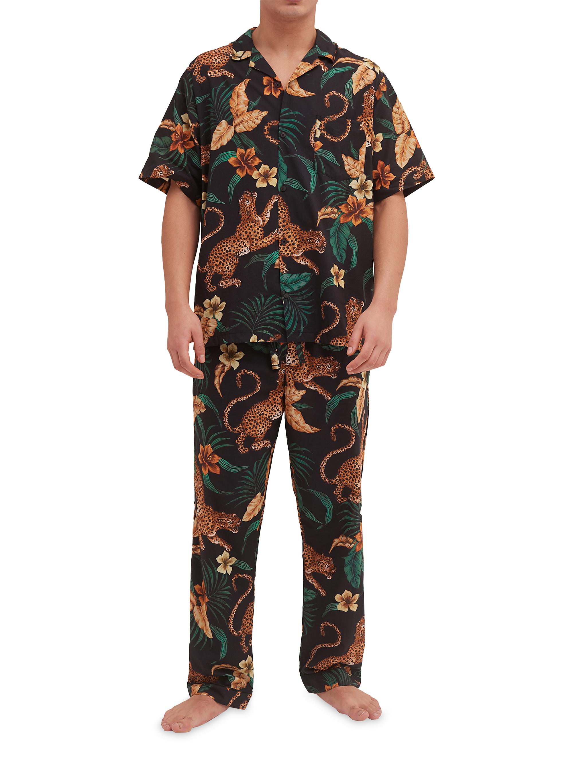 Desmond & Dempsey Men's Cuban Soleia Leopard Cotton Pajamas - Black Yellow