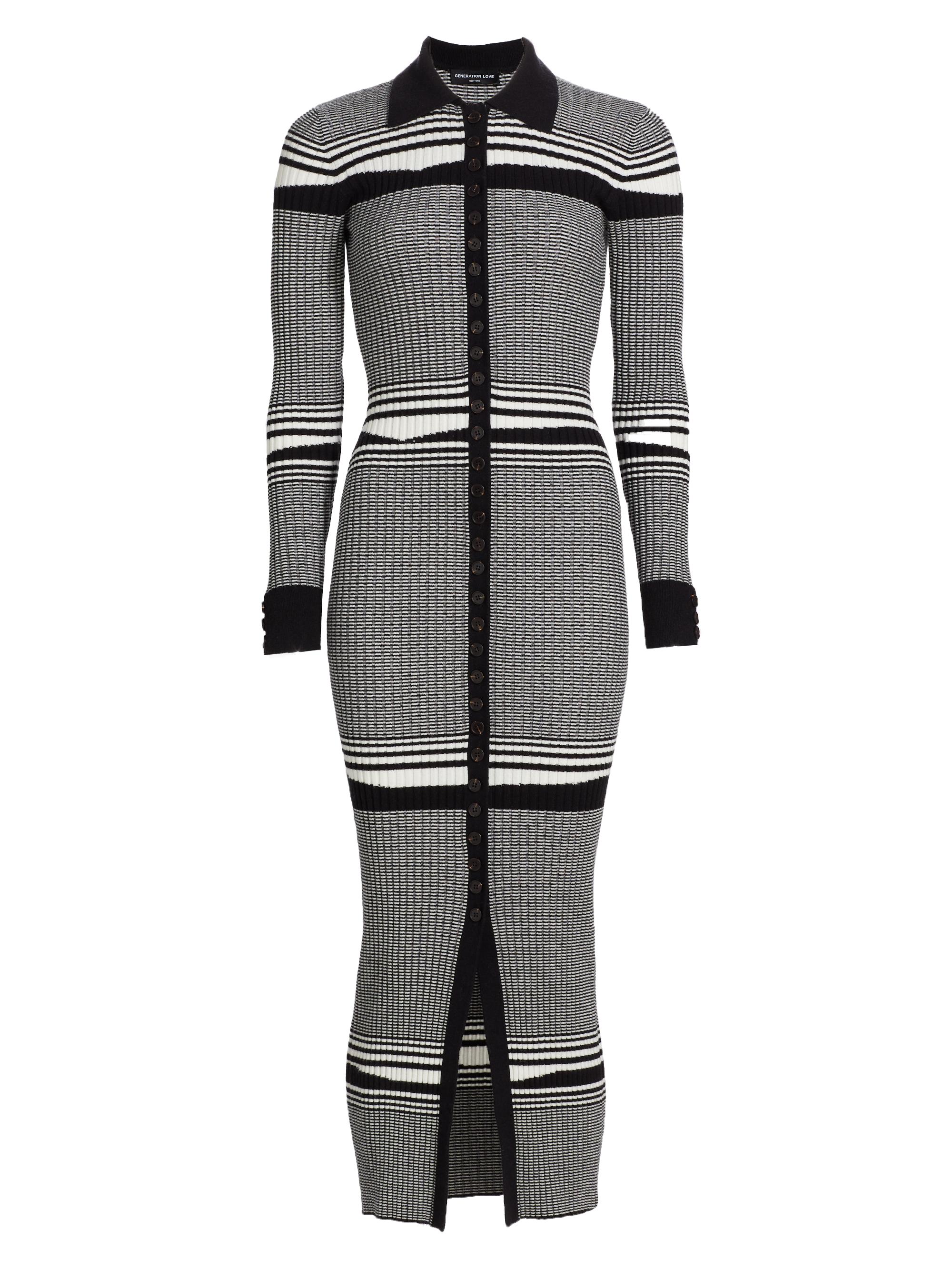 Generation Love Women's Brixton Striped Rib-Knit Midi-Dress - White Black