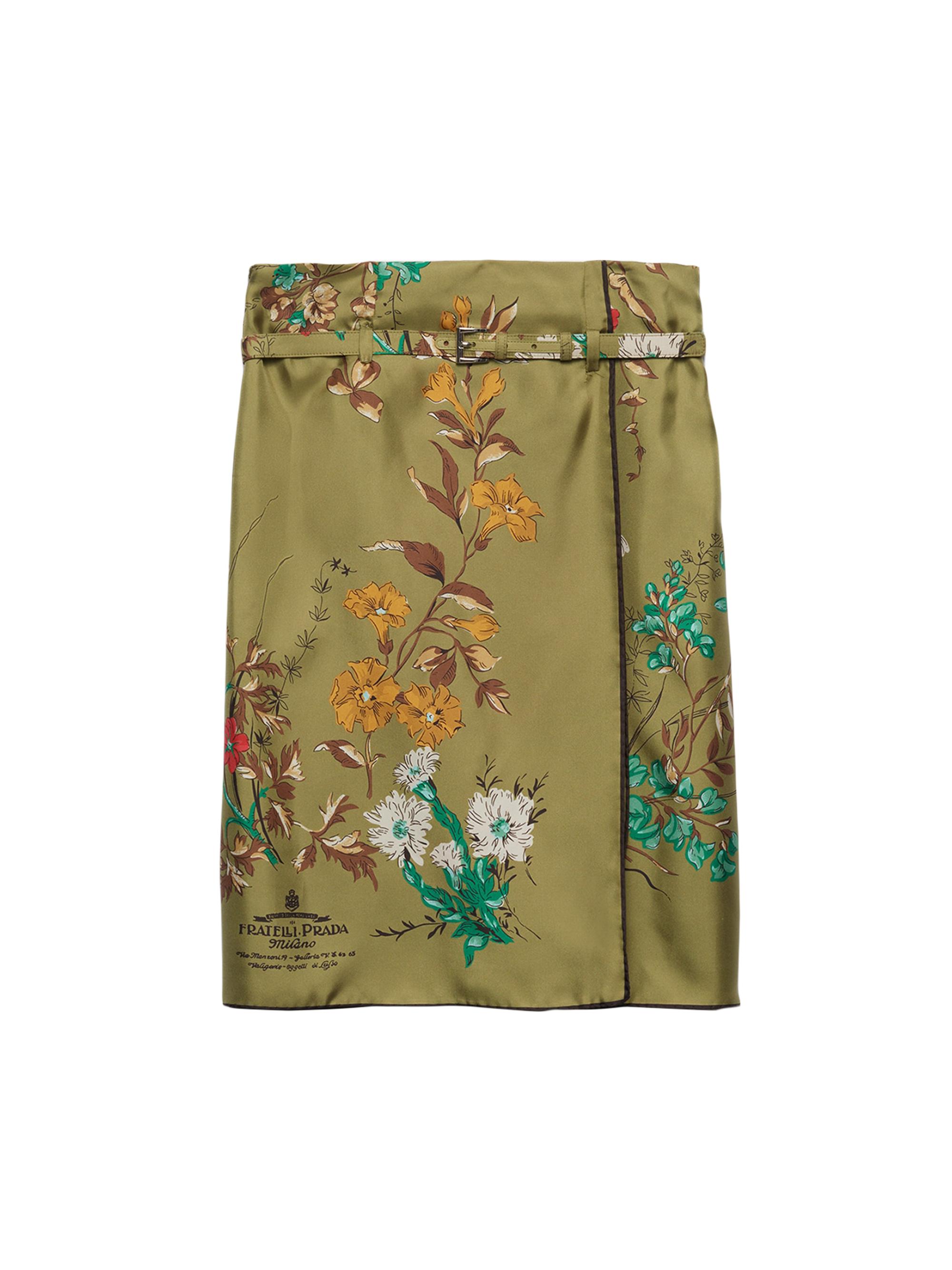 Prada Women's Printed Silk Twill Skirt - Green