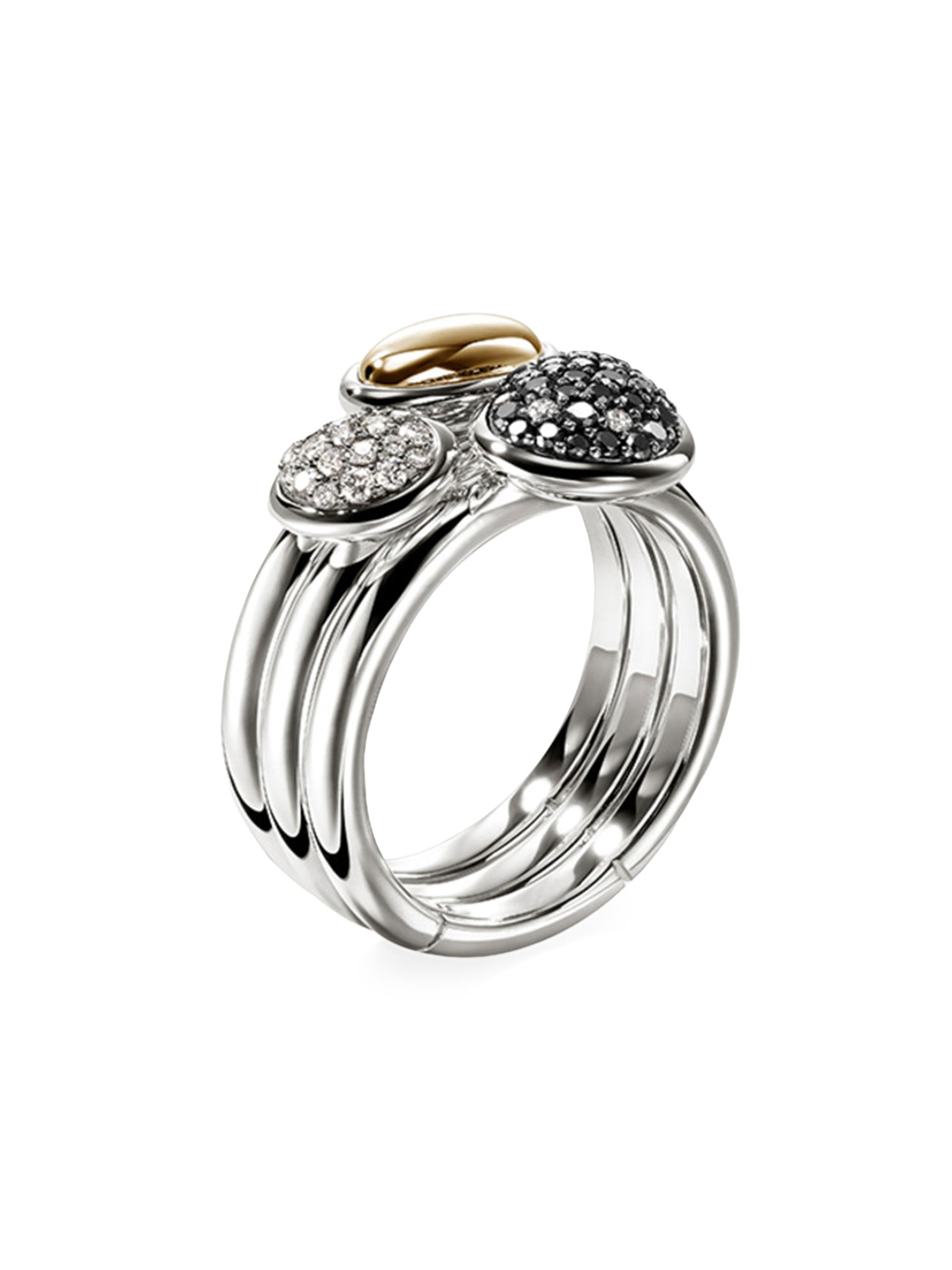 John Hardy Women's Pebble 14K Yellow Gold, Sterling Silver, Black Diamond & 0.19 TCW Diamond Pavé Ring - Silver And Yellow Gold