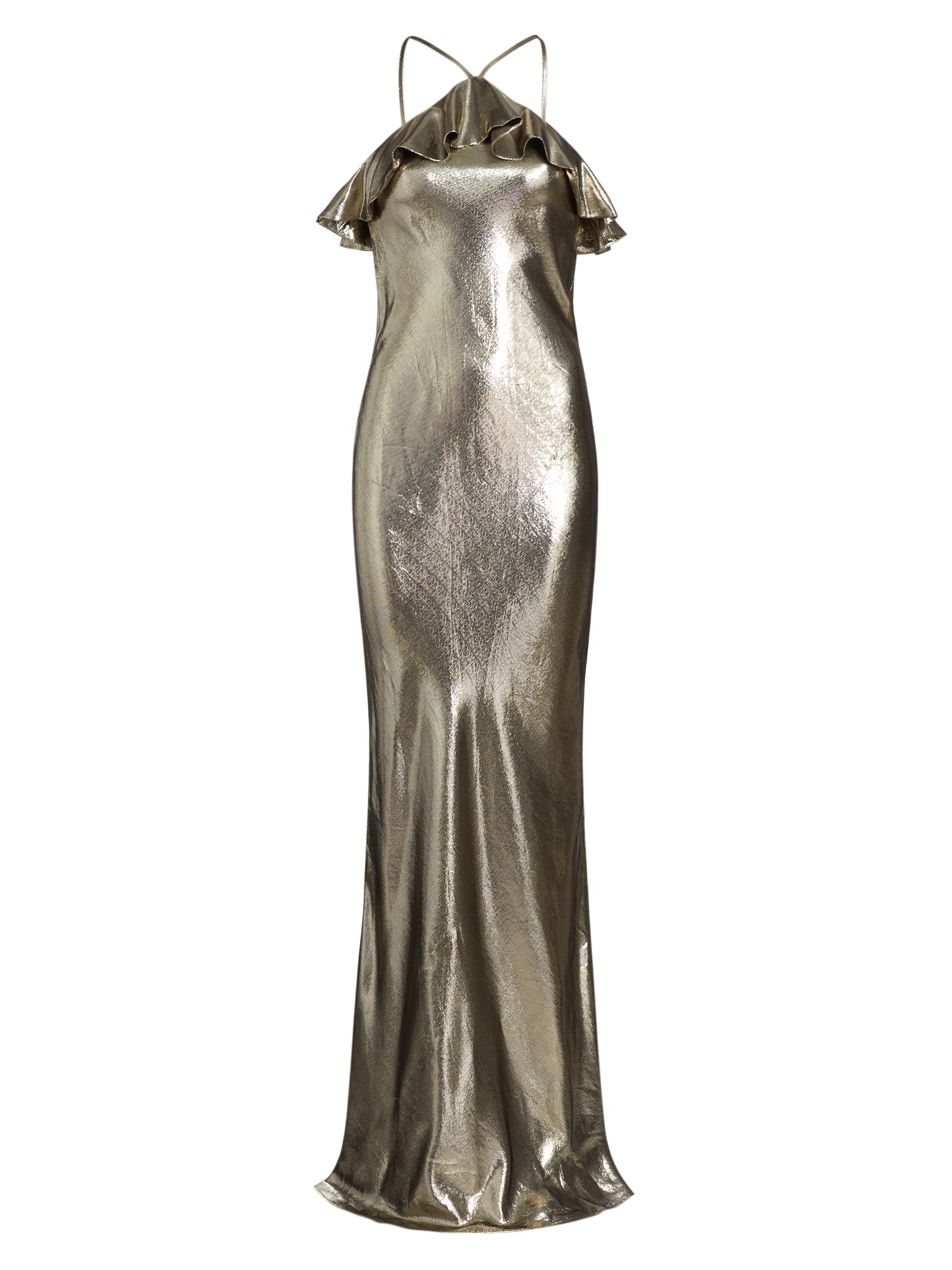 Rodarte Women's Metallic Silk-Blend Halterneck Ruffled Gown - Gold