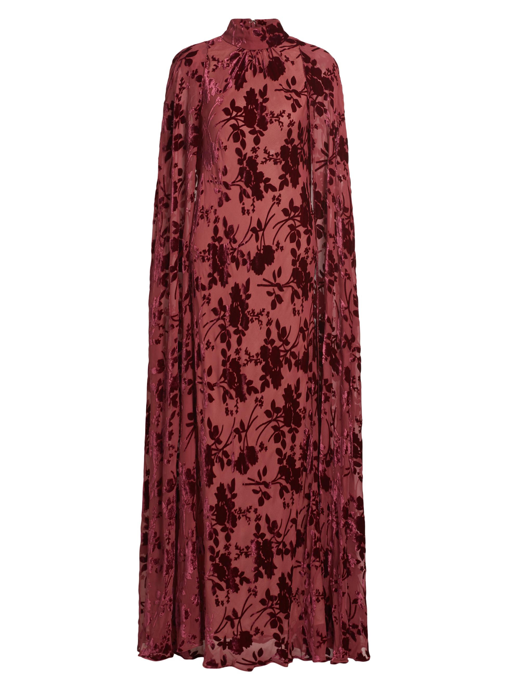 Rodarte Women's Burnout Velvet Floral Cape Gown - Burgundy