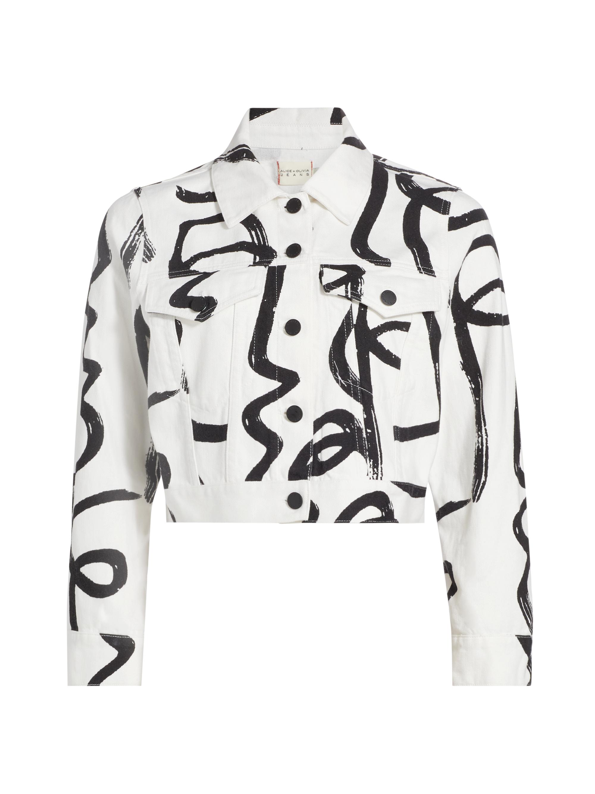 Alice + Olivia Women's Chloe Painted Faces Boxy Cropped Denim Jacket - Around The World