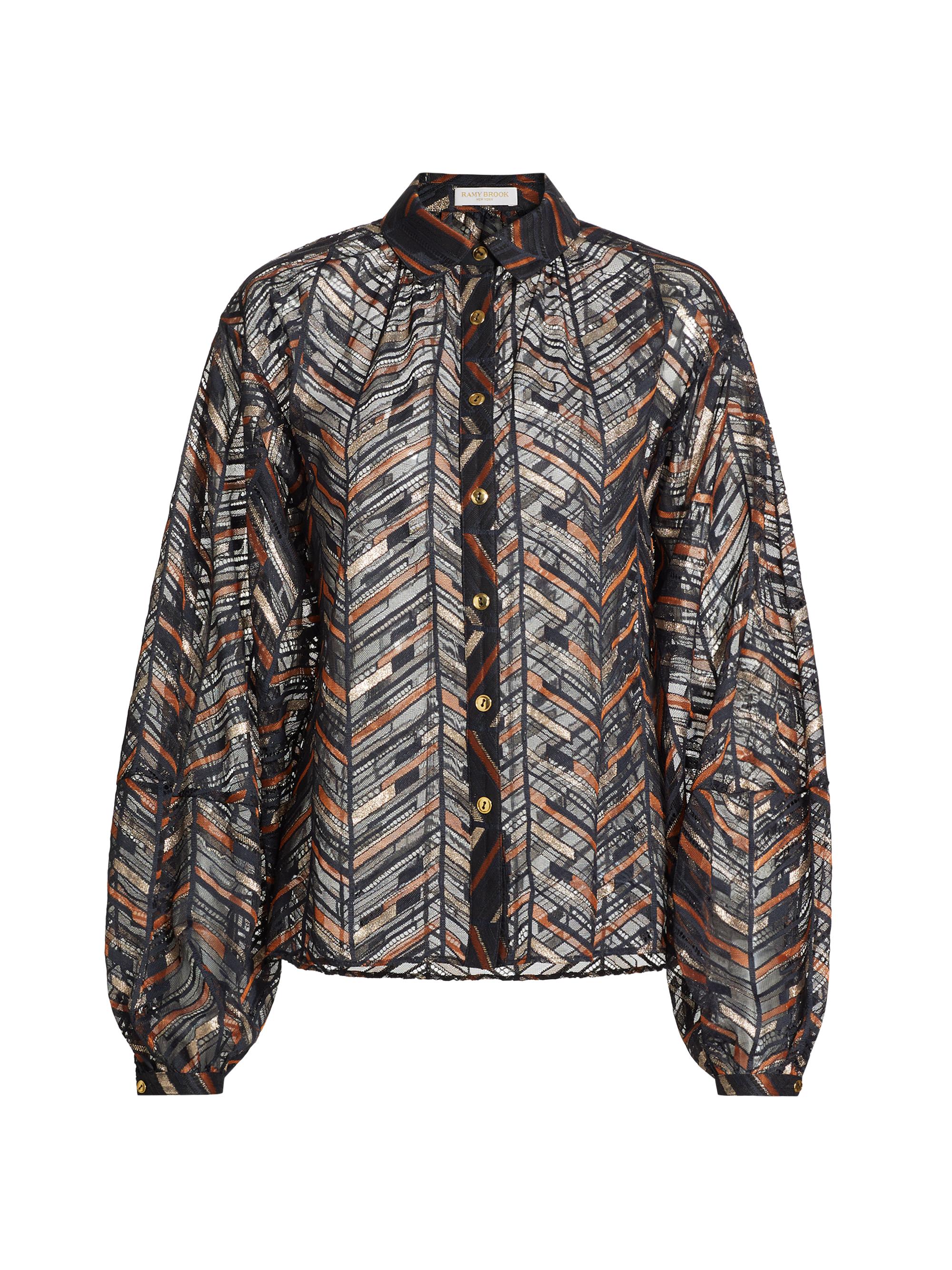 Ramy Brook Women's Roberta Chevron Chiffon Blouse - Spring Navy Lurex Chevron