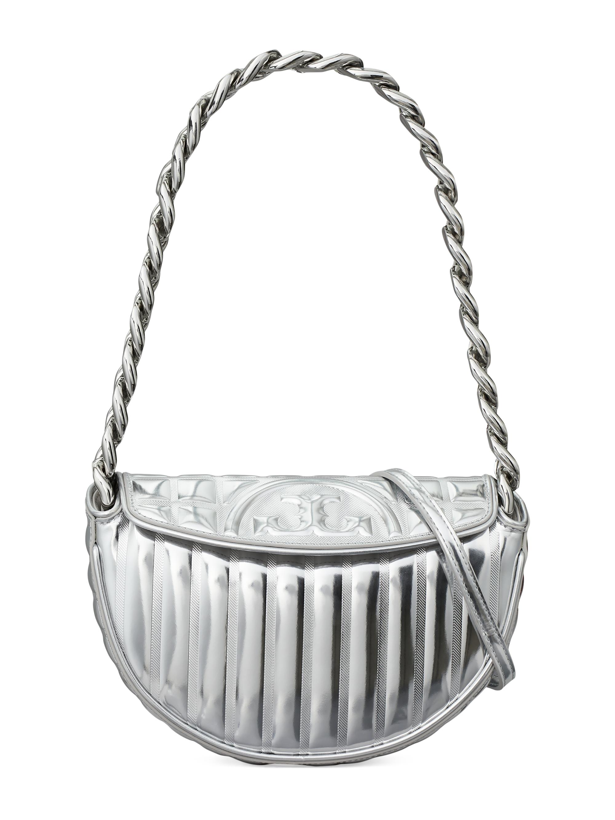 Tory Burch Women's Mini Fleming Metallic Leather Shoulder Bag - Silver